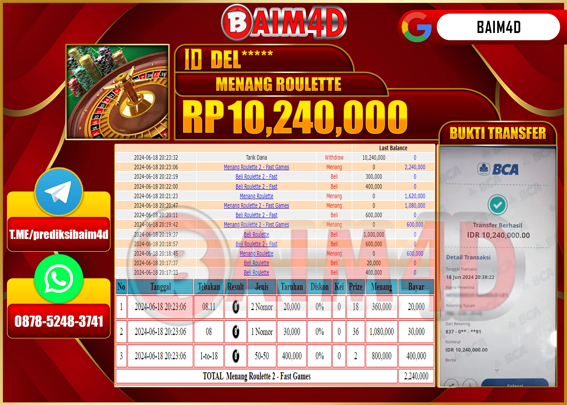 BAIM4D JACKPOT LIVE CASINO ROULETTE Rp.10.240.000.,- LUNAS