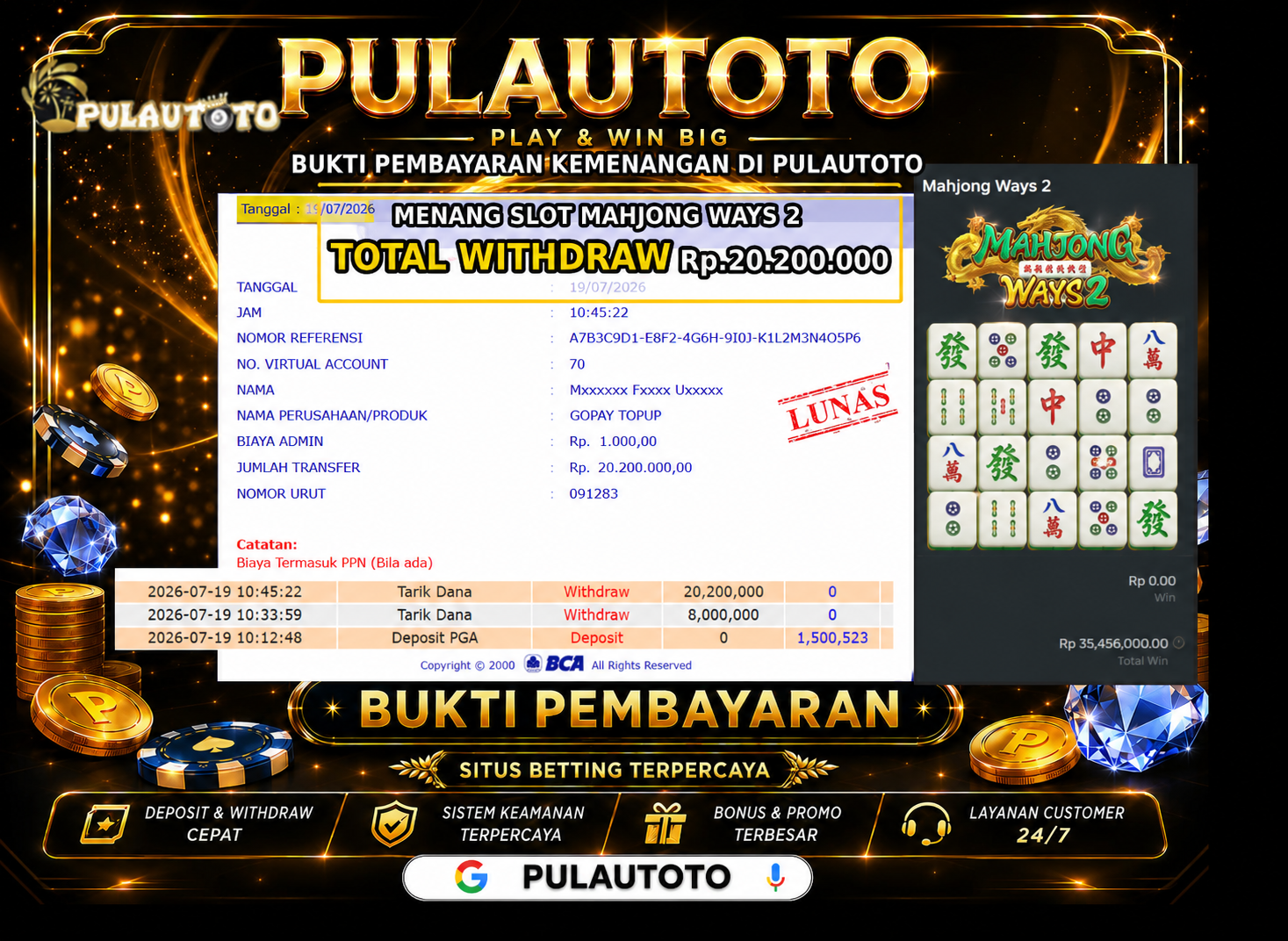 🏆 BUKTI KEMENANGAN MEMBER PULAUTOTO SLOT PGSOFT MAHJONG WAYS 2🏆