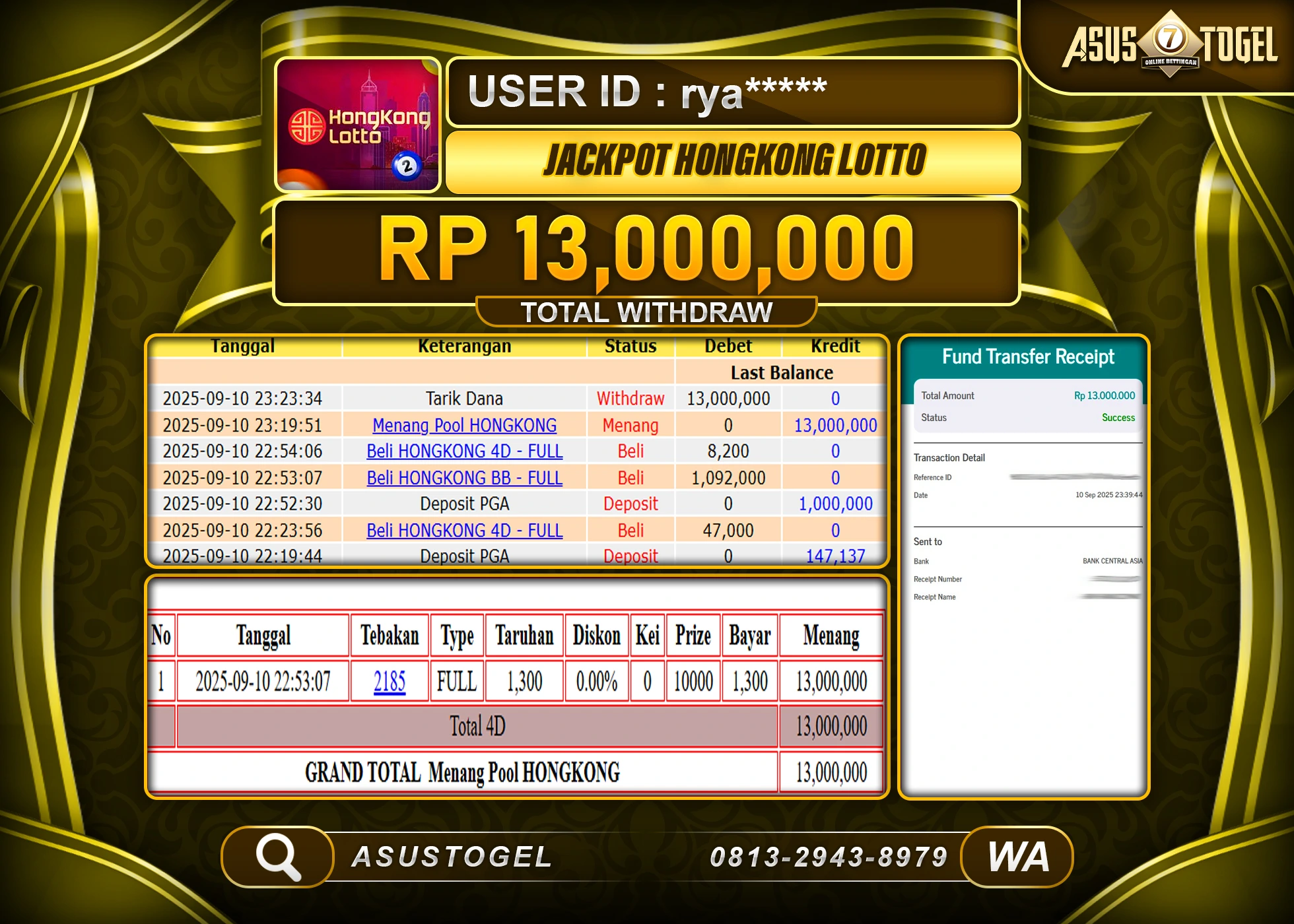 ASUSTOGEL KEMENANGAN DI TOGEL HONGKONG LOTTO SEBESAR 13,000,000- RUPIAH LUNAS