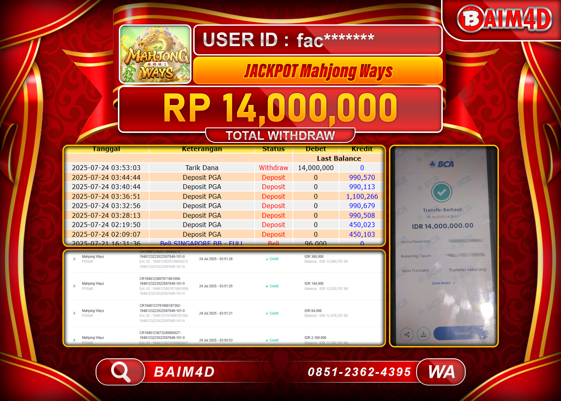 BAIM4D JACKPOT SLOT MAHJONG WAYS - PG SOFT  Rp.14,000,000.- LUNAS