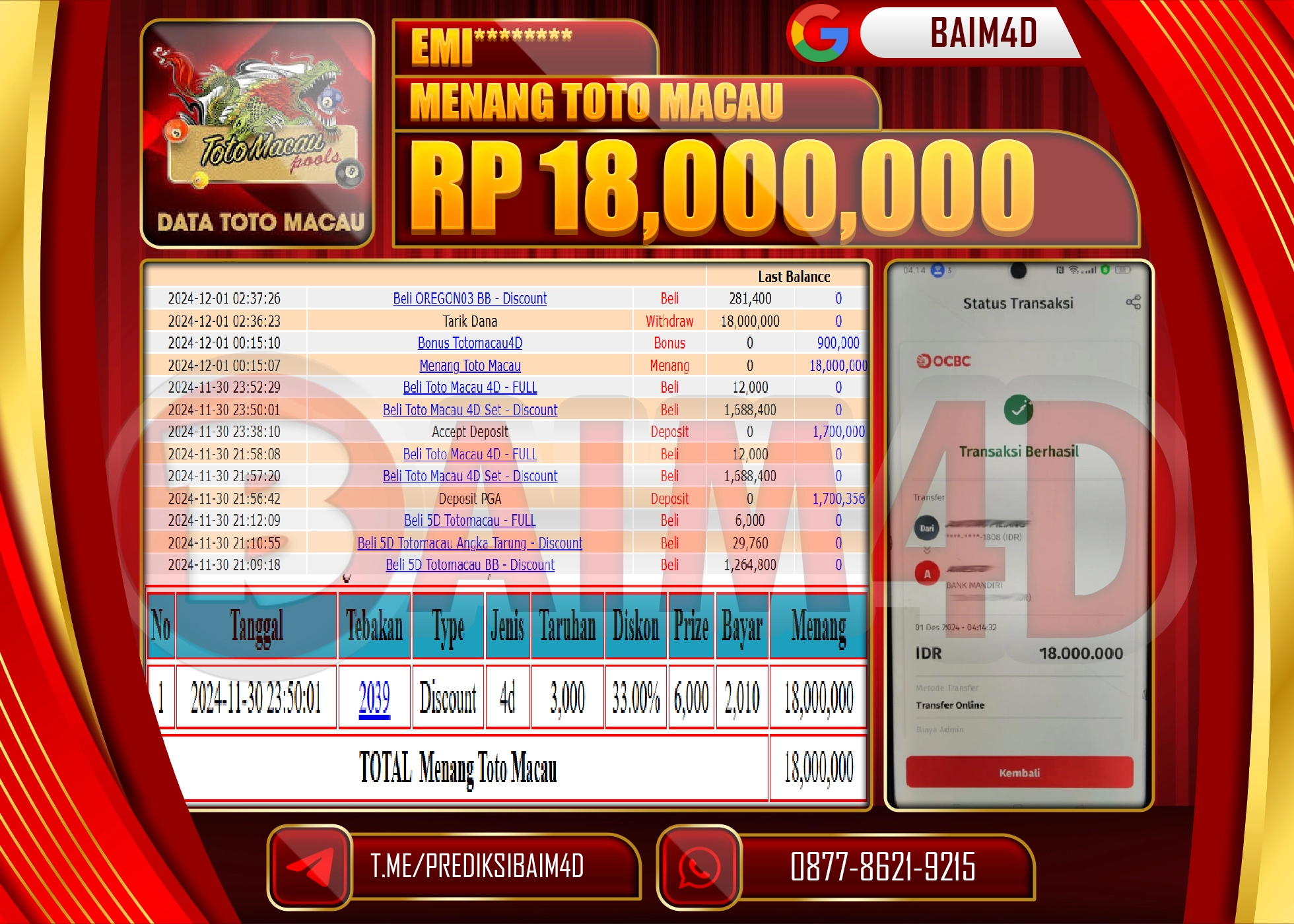 BAIM4D JACKPOT MENANG TOTO MACAU POOLS Rp.18.000,000.- LUNAS