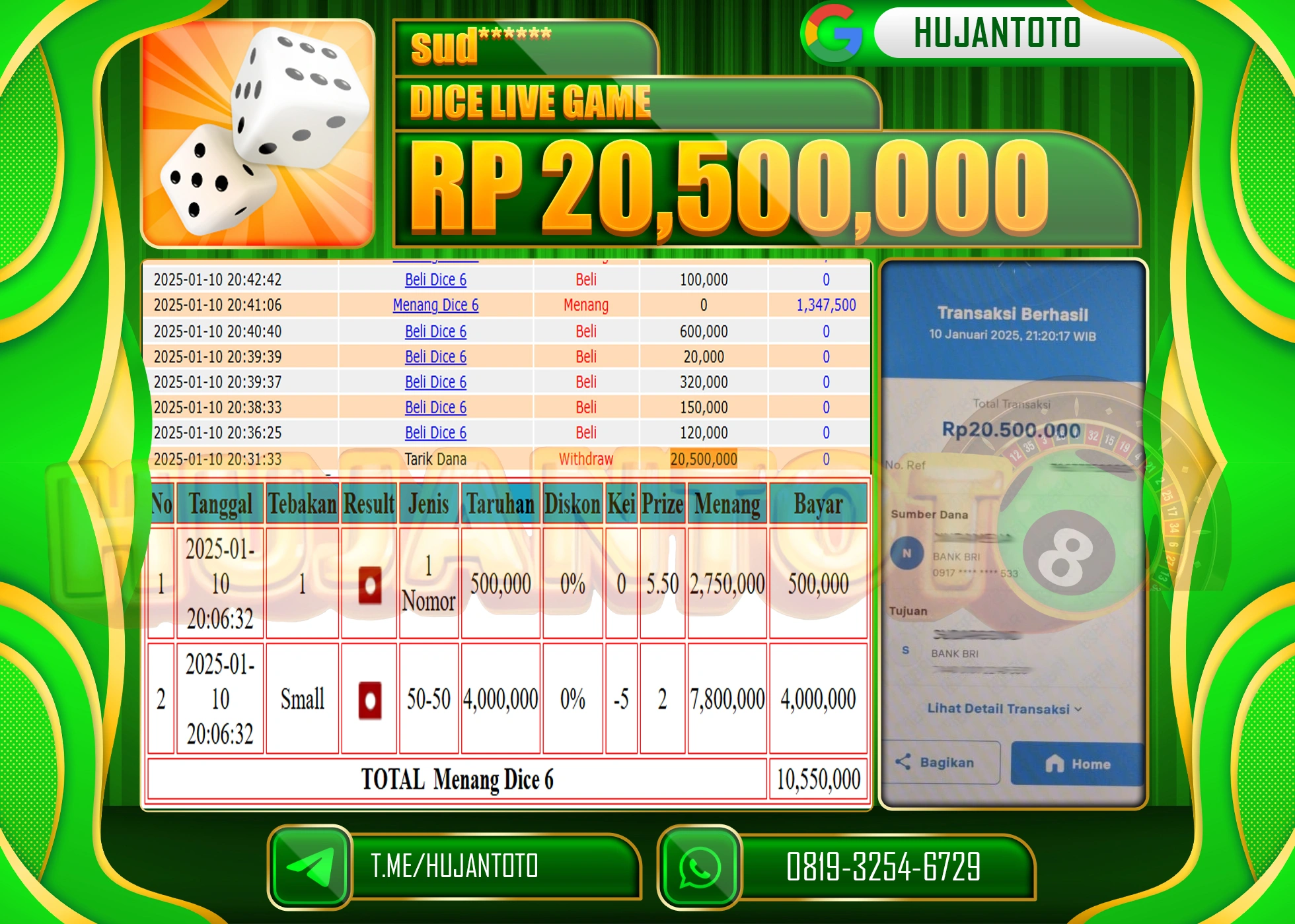 HUJANTOTO - BUKTI JACKPOT DI PERMAINAN DICE LIVE GAMES , Rp. 20,500,000, - TERBAYAR LUNAS