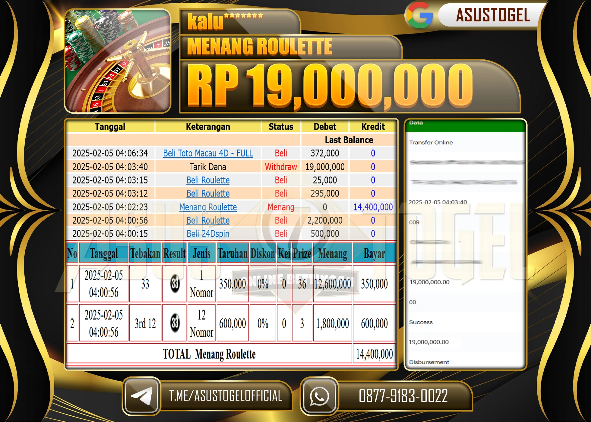 ASUSTOGEL KEMENANGAN DI ROULETTE GAMES SEBESAR 19,000,000 - RUPIAH LUNAS