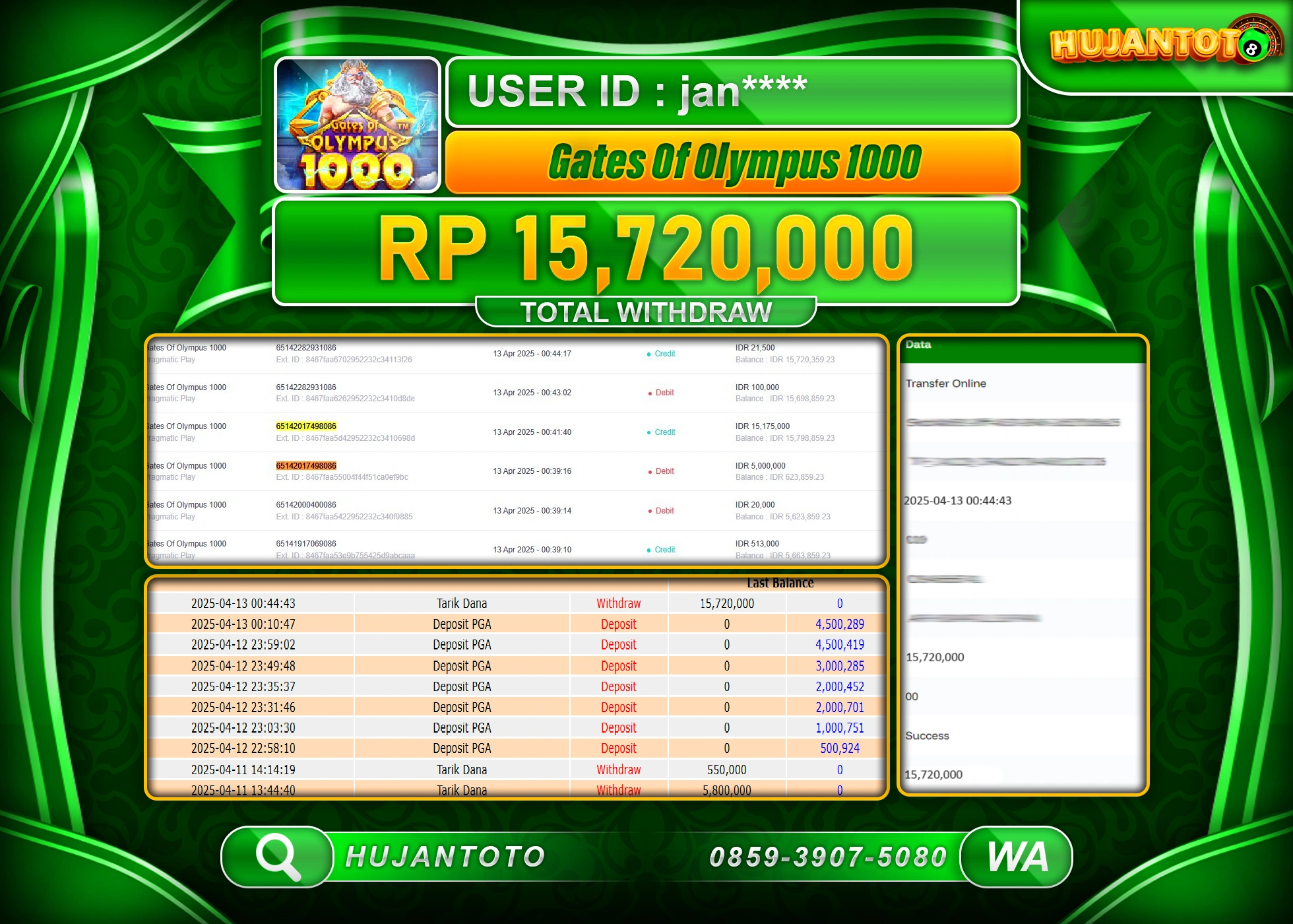 HUJANTOTO - BUKTI JACKPOT MENANG SLOT GATES OF OLYMPUS 1000 Rp,15,720,000 - TERBAYAR LUNAS
