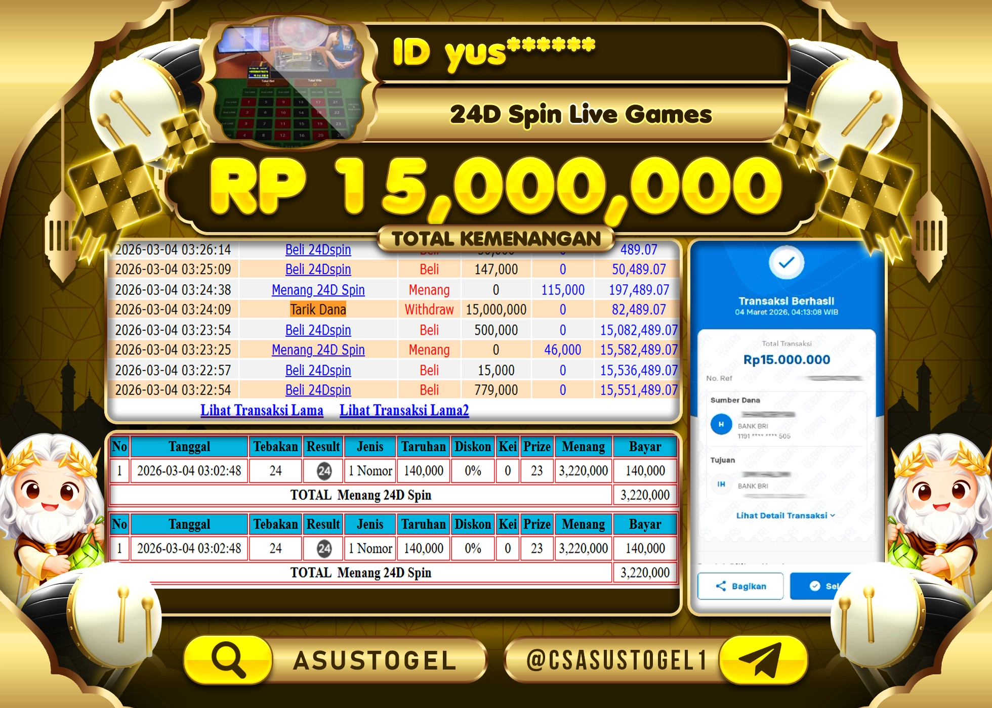 ASUSTOGEL KEMENANGAN DI LIVE GAMES 24D SPIN SEBESAR 15,000,000 - RUPIAH LUNAS
