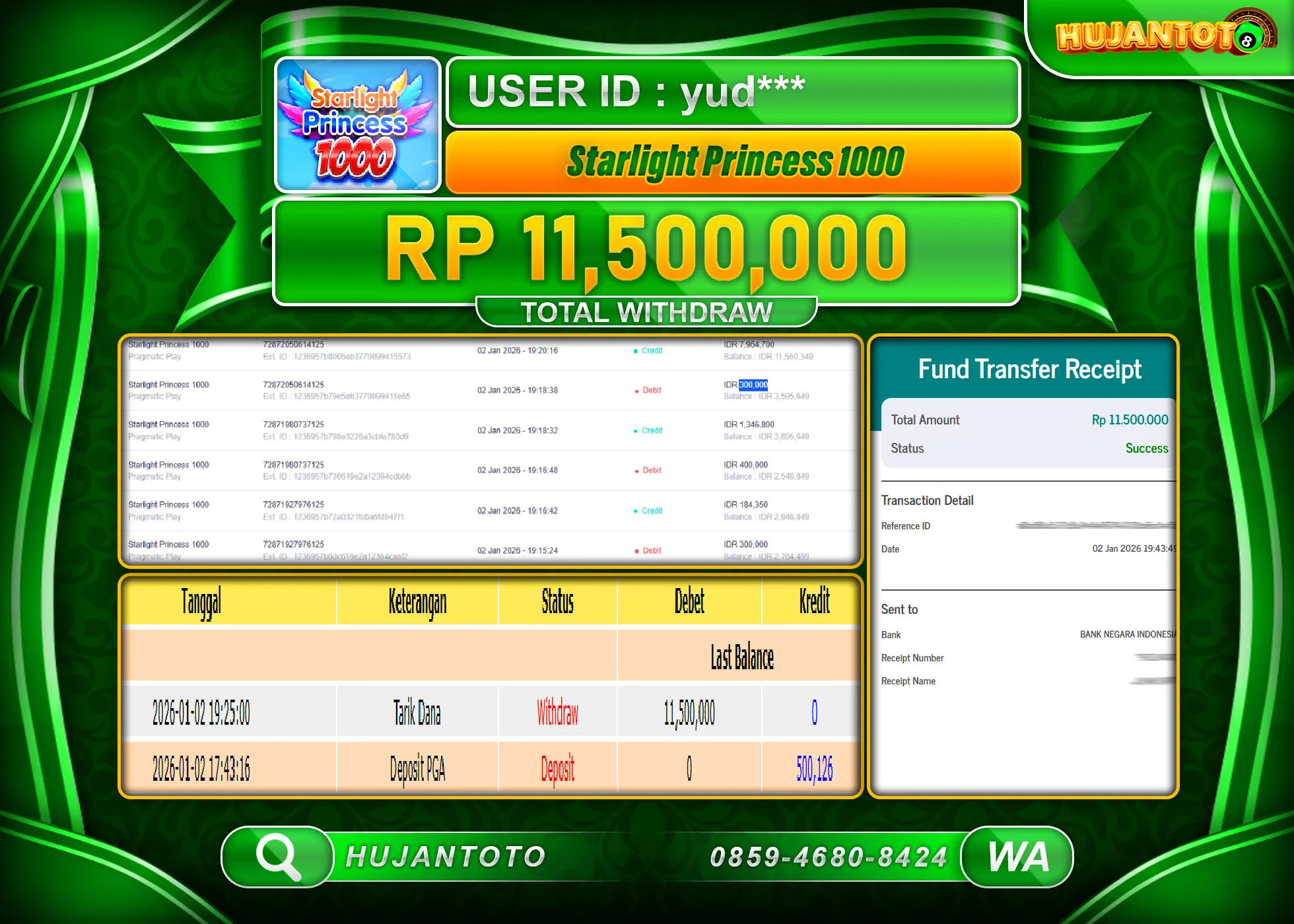 HUJANTOTO - BUKTI JACKPOT MENANG SLOT STARLIGHT PRINCES 1000 Rp.11,500,000 - TERBAYAR LUNAS