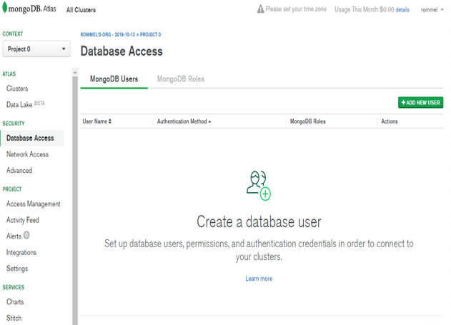 image shows the MongoDB Atlas' database access section