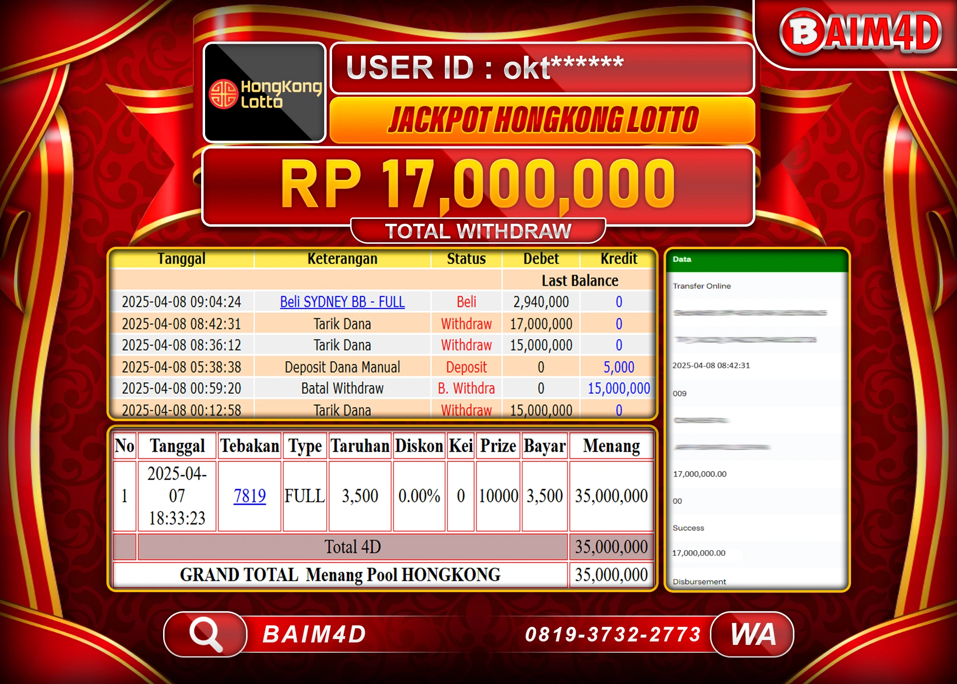 BAIM4D  MENANG TOGEL HONGKONG LOTTO  Rp.17.000,000.- LUNAS
