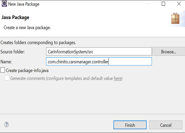 image shows a window for creating a new java package