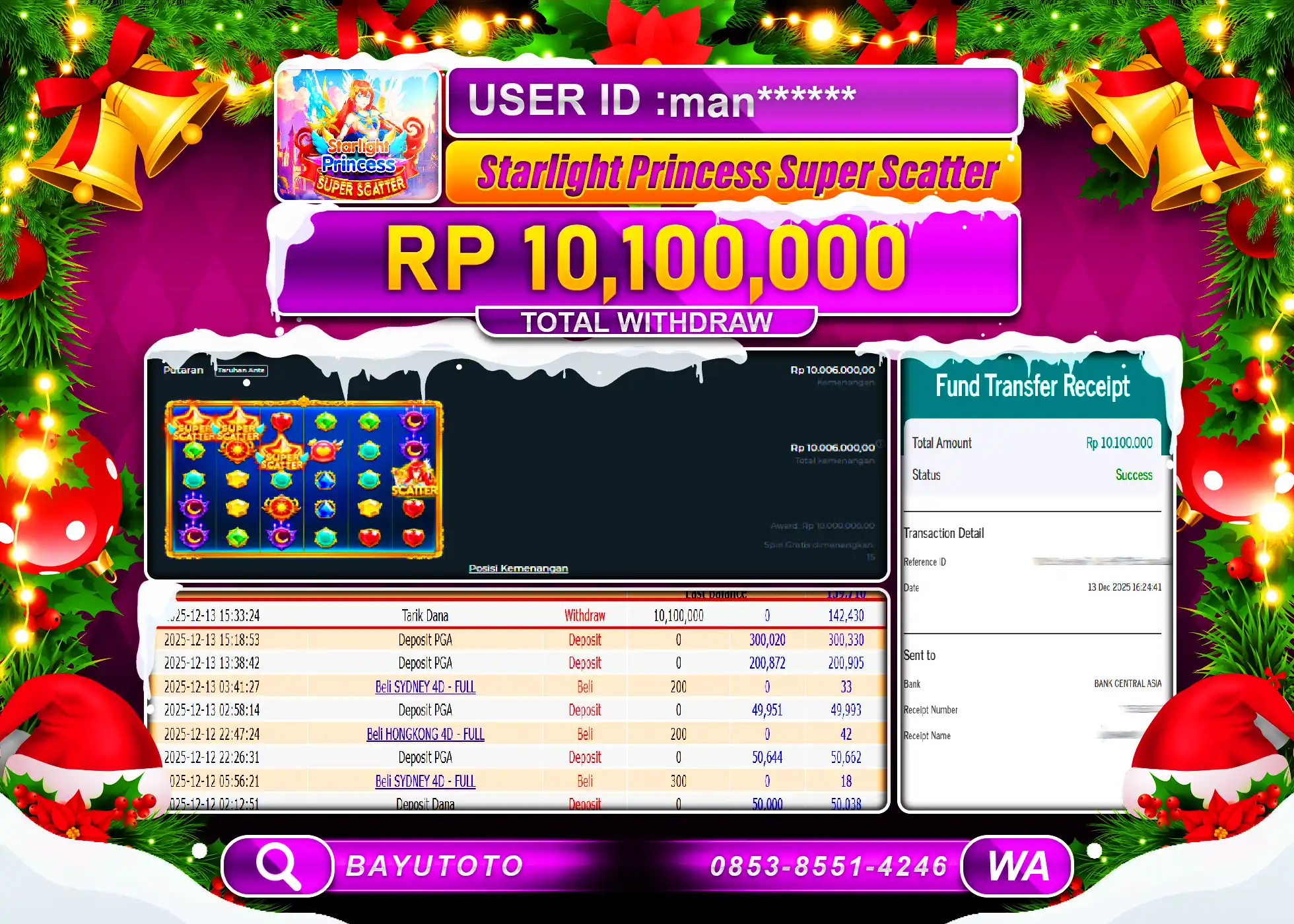 SELAMAT MEMBER SETIA BAYUTOTO JACKPOT DI SLOT STARLIGHT PRINCESS SUPER SCATER Rp.10,100,000 LUNAS