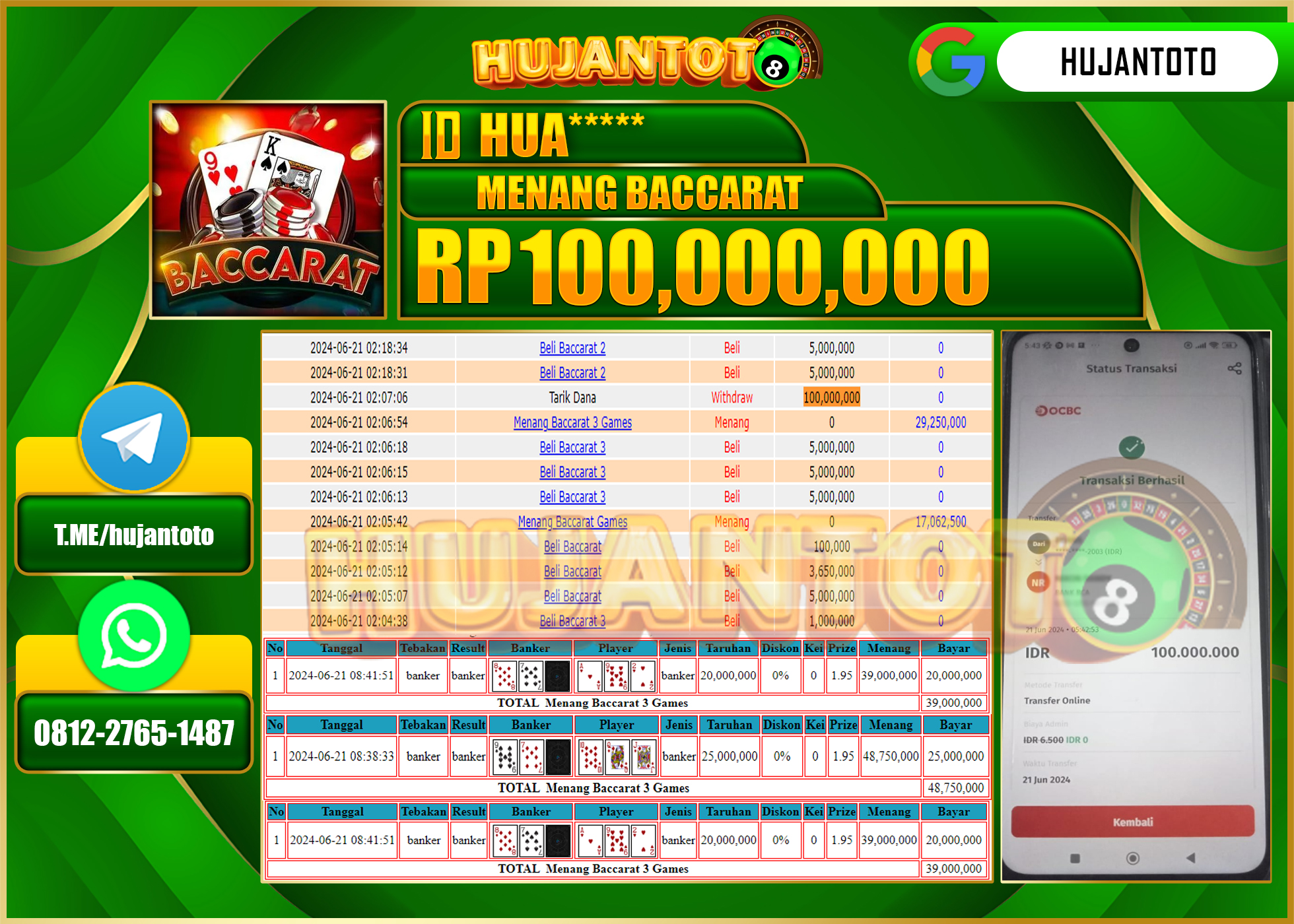 HUJANTOTO MENANG DI BACCARAT  GAMES 100,000,000- LUNAS 