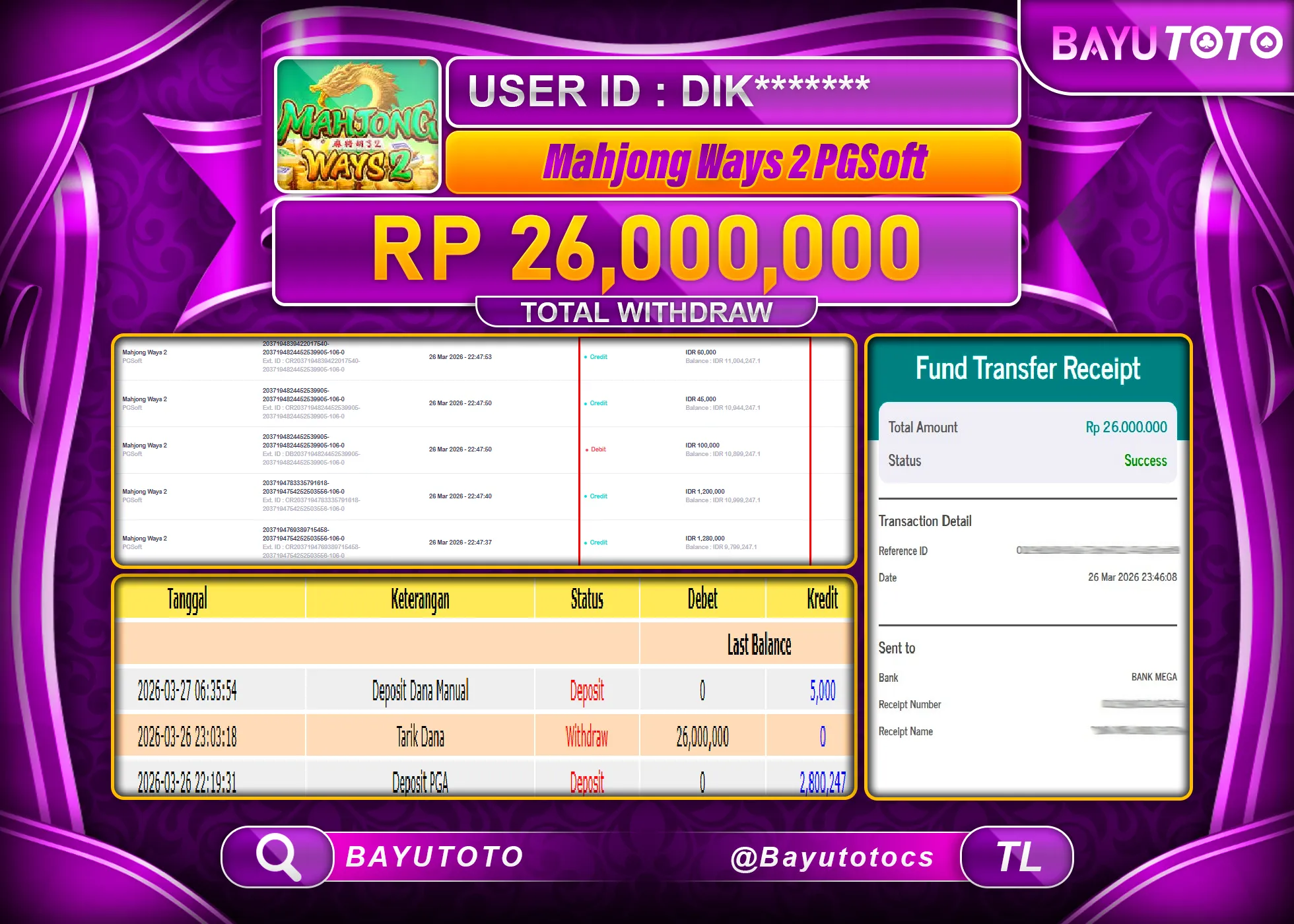 SELAMAT MEMBER SETIA BAYUTOTO JACKPOT DI SLOT MAHJONG WAYS 2 (PGSOFT) Rp. 26,000,000 LUNAS