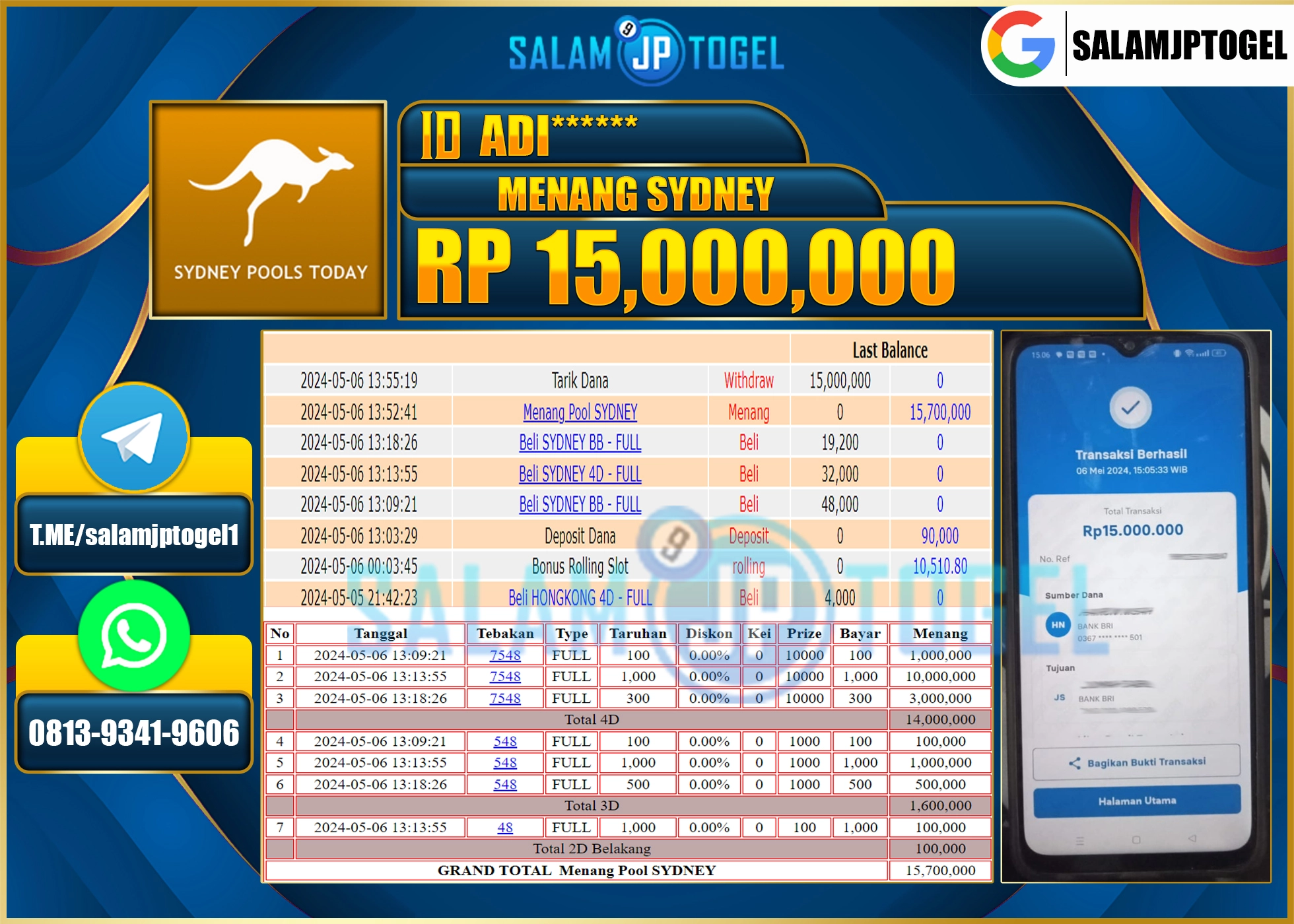 SALAMJPTOGEL  MENANG SYDNEY RP.15,000,000.,- LUNAS