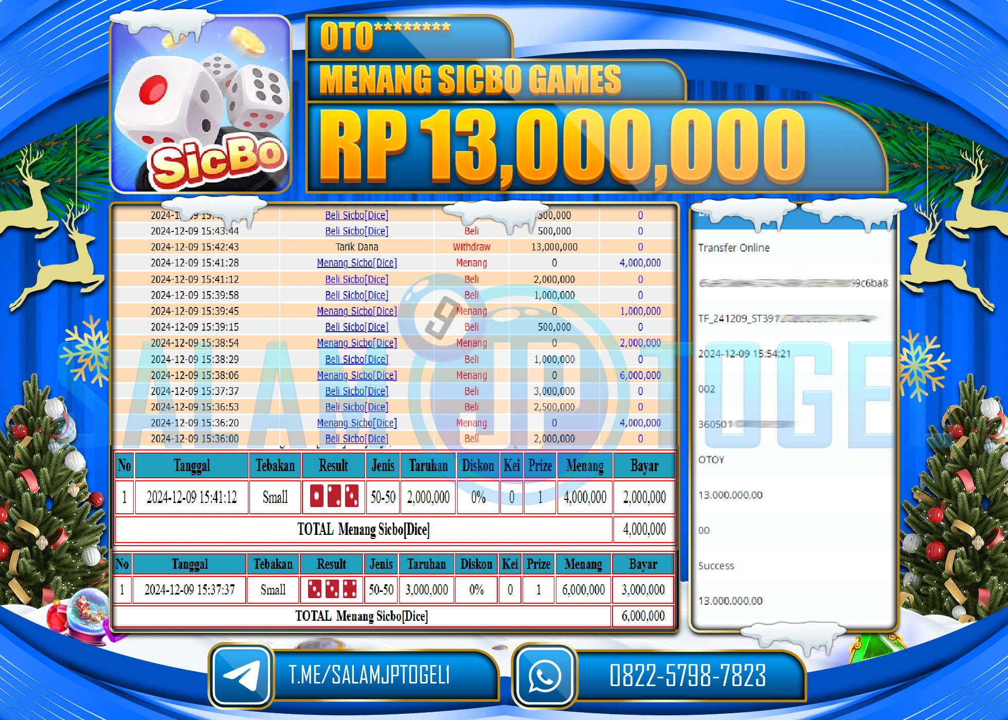 SALAMJPTOGEL MENANG SICBO GAMES Rp.13,000,000 LUNAS
