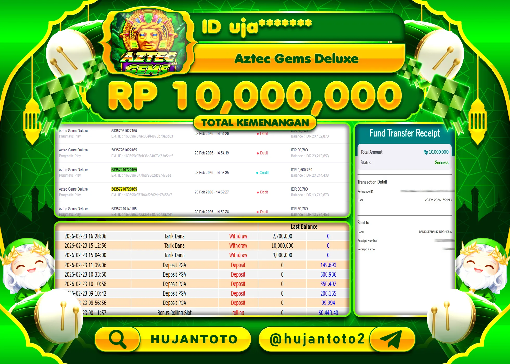 HUJANTOTO - BUKTI JACKPOT MENANG SLOT AZTEC GEMS DELUXE Rp.10,000,000 - TERBAYAR LUNAS