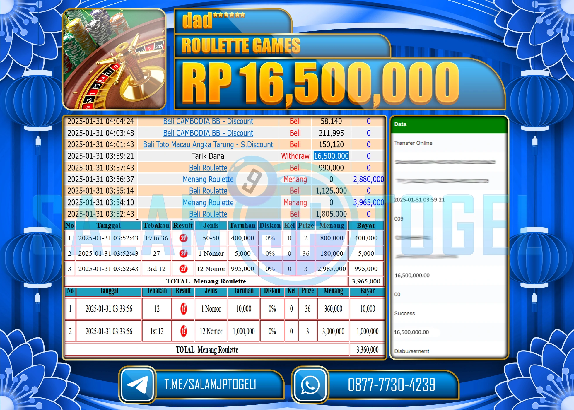 SALAMJPTOGEL MENANG LIVEGAME ROULETTE GAMES Rp.16,500,000 LUNAS