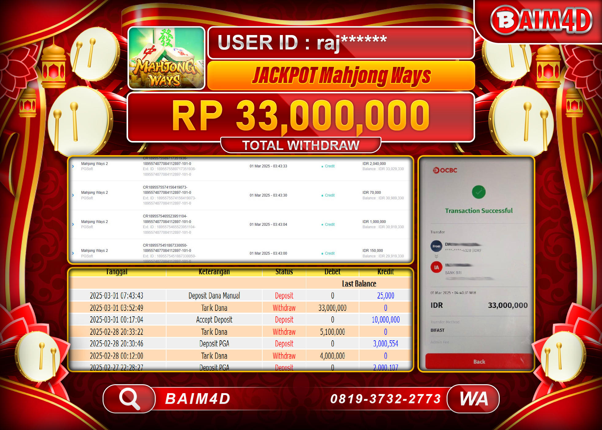 BAIM4D MENANG JACKPOT MAHJONG WAYS Rp.33.000,000.