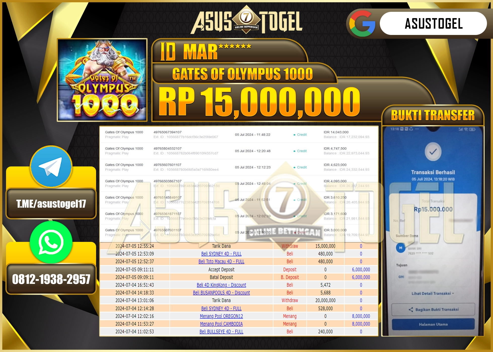 ASUSTOGEL KEMENANGAN DI GATES OF OLYMPUS 1000 SEBESAR 15,000,000-LUNAS