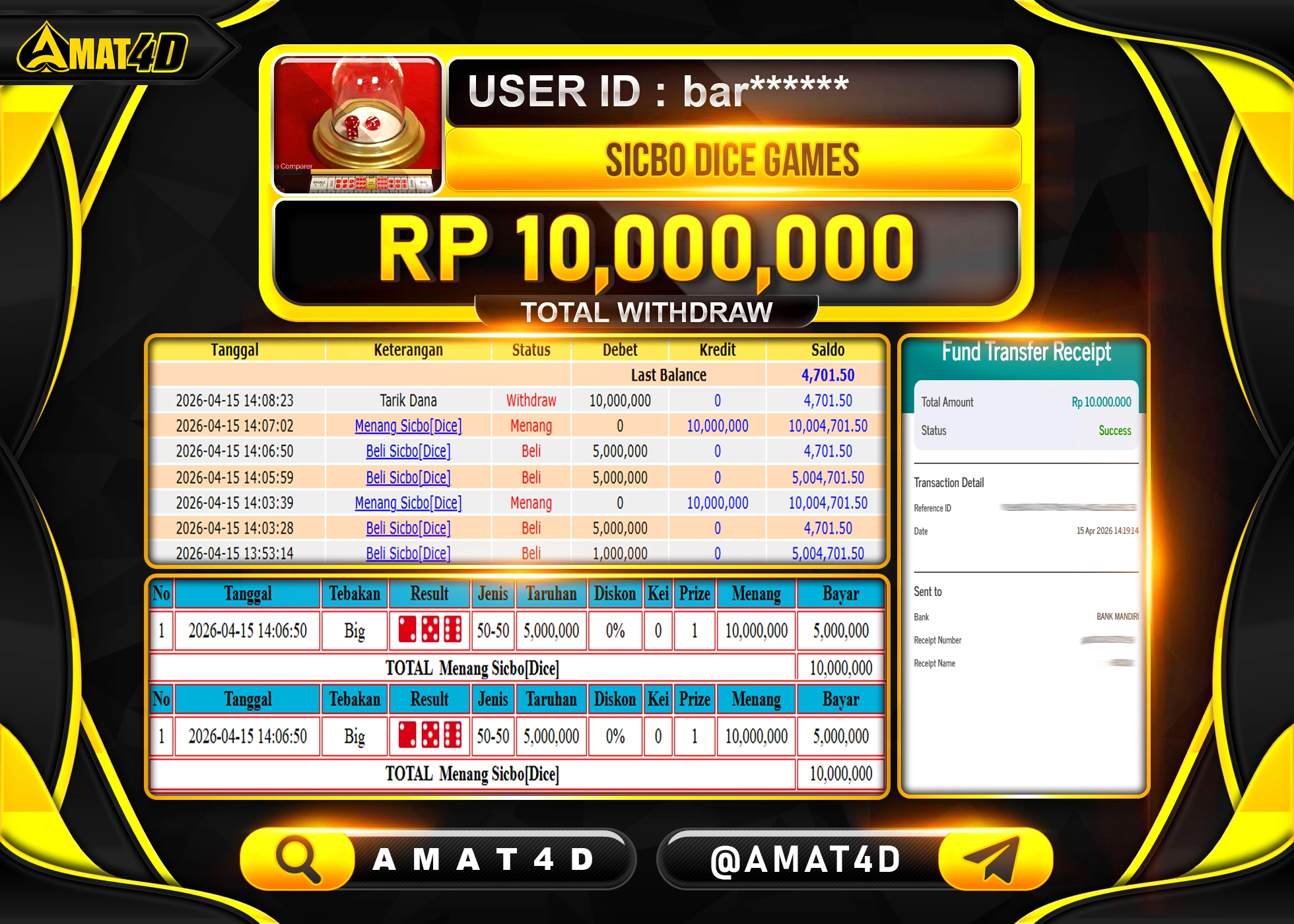 AMAT4D KEMENANGAN MENANG DI SICBO DICE GAMES  Rp.10,000,000 BERHASIL TERBAYAR LUNAS