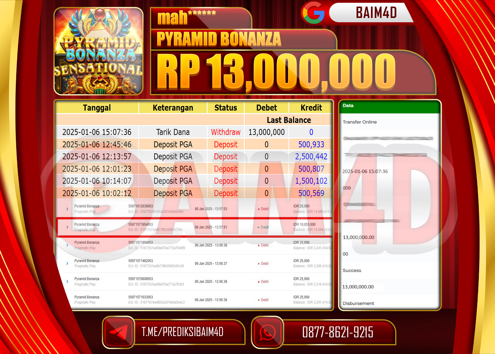BAIM4D JACKPOT MENANG Slot Pyramid Bonanza  Rp.13,000,000.- LUNAS