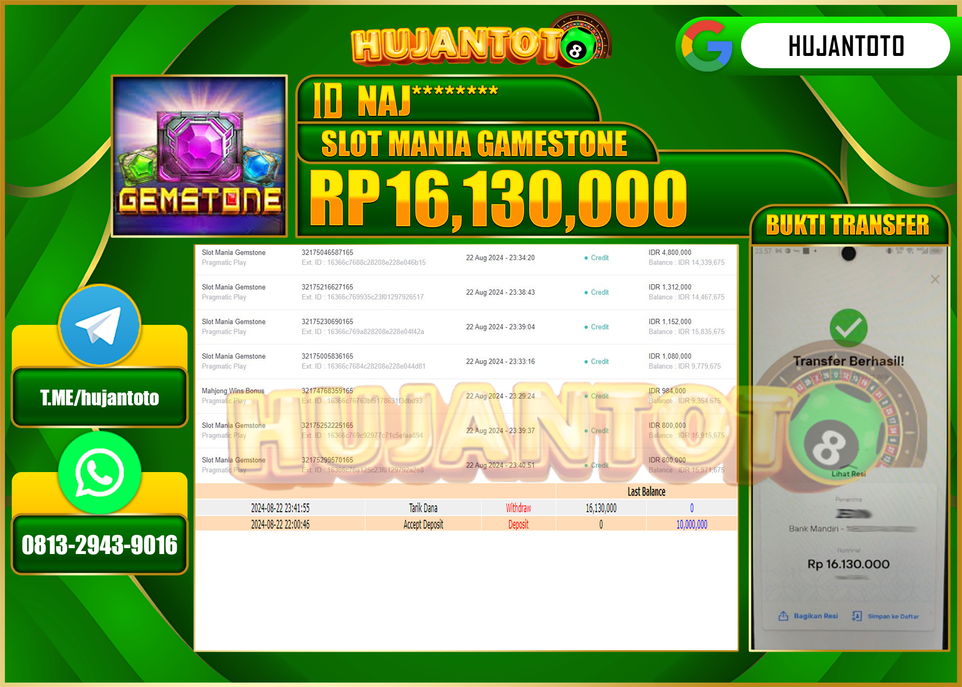 HUJANTOTO MENANG BESAR DI PERMAINAN SLOT MANIA GAMESTONE, 16.130.000 - LUNAS 
