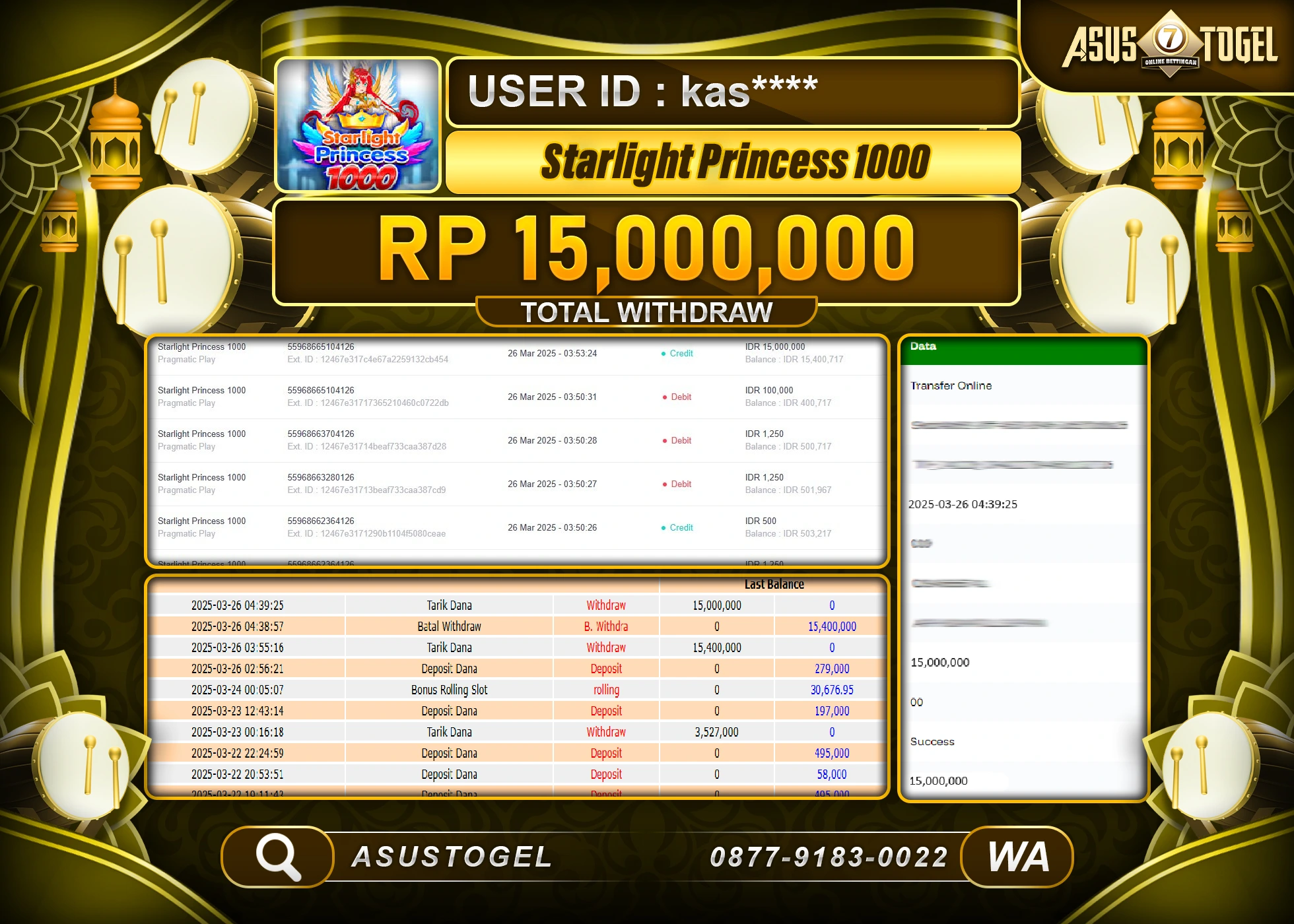 ASUSTOGEL KEMENANGAN DI STARLIGHT PRINCESS 1000 SEBESAR 15,000,000- RUPIAH LUNAS