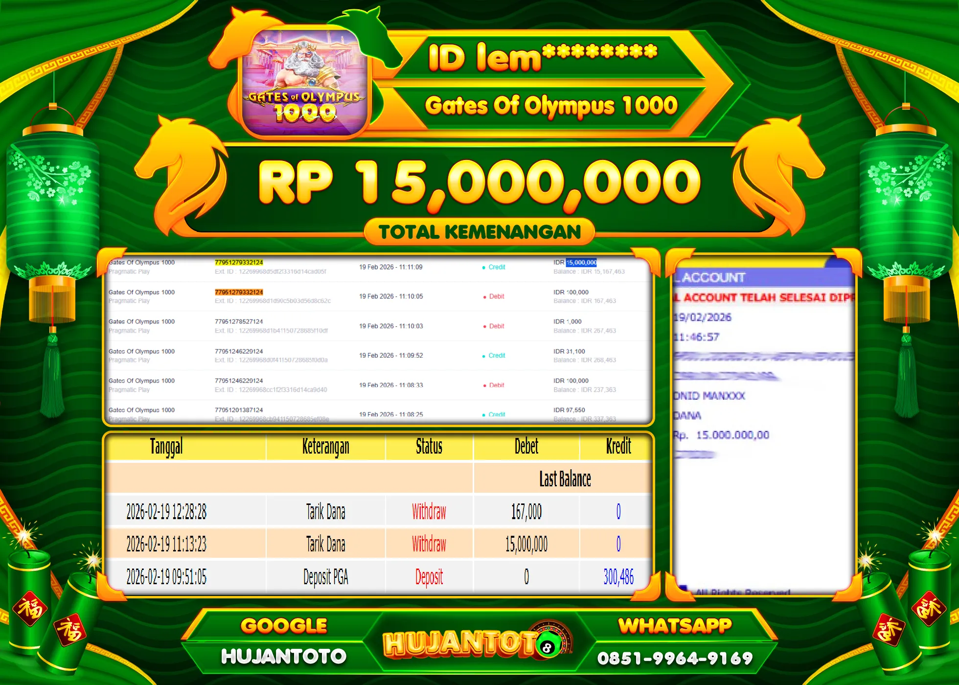 HUJANTOTO - BUKTI JACKPOT MENANG SLOT GATES OF OLYMPUS 1000 Rp.15,000,000 - TERBAYAR LUNAS