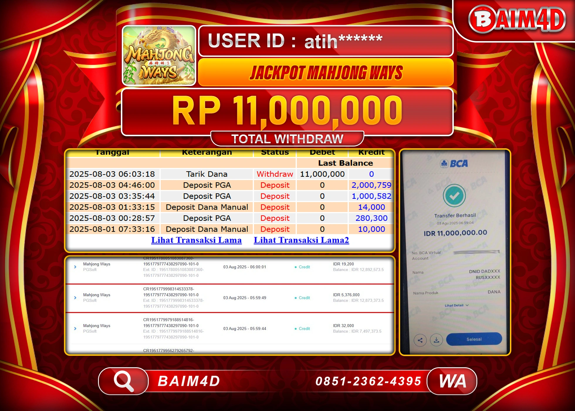 BAIM4D JACKPOT SLOT MAHJONG WAYS PG SOFT Rp.11,000,000.- LUNAS