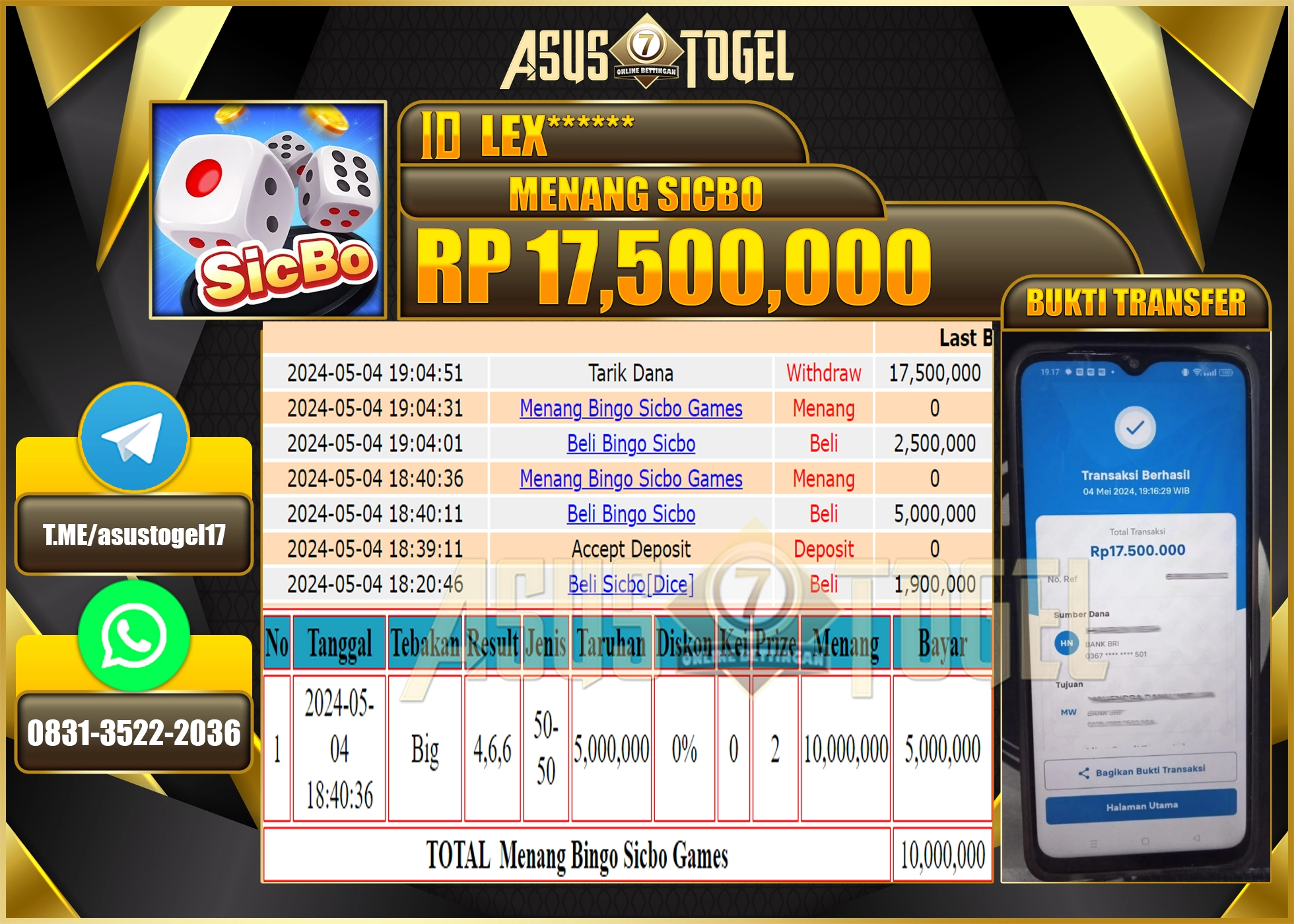 ASUSTOGEL MENANG GAMES SICBO 17.500.000- LUNAS