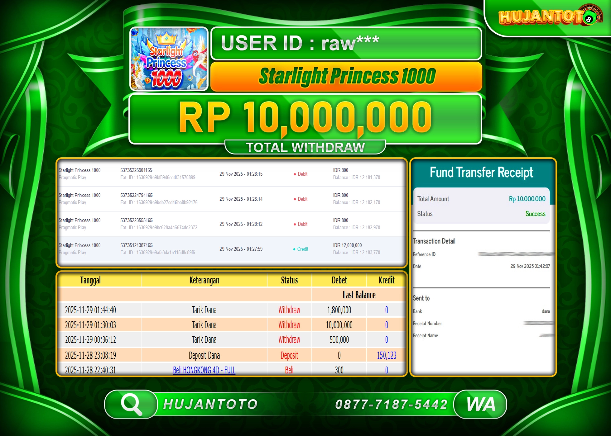 HUJANTOTO - BUKTI JACKPOT MENANG SLOT STARLIGHT PRINCESS 1000 Rp.10,000,000 - TERBAYAR LUNAS