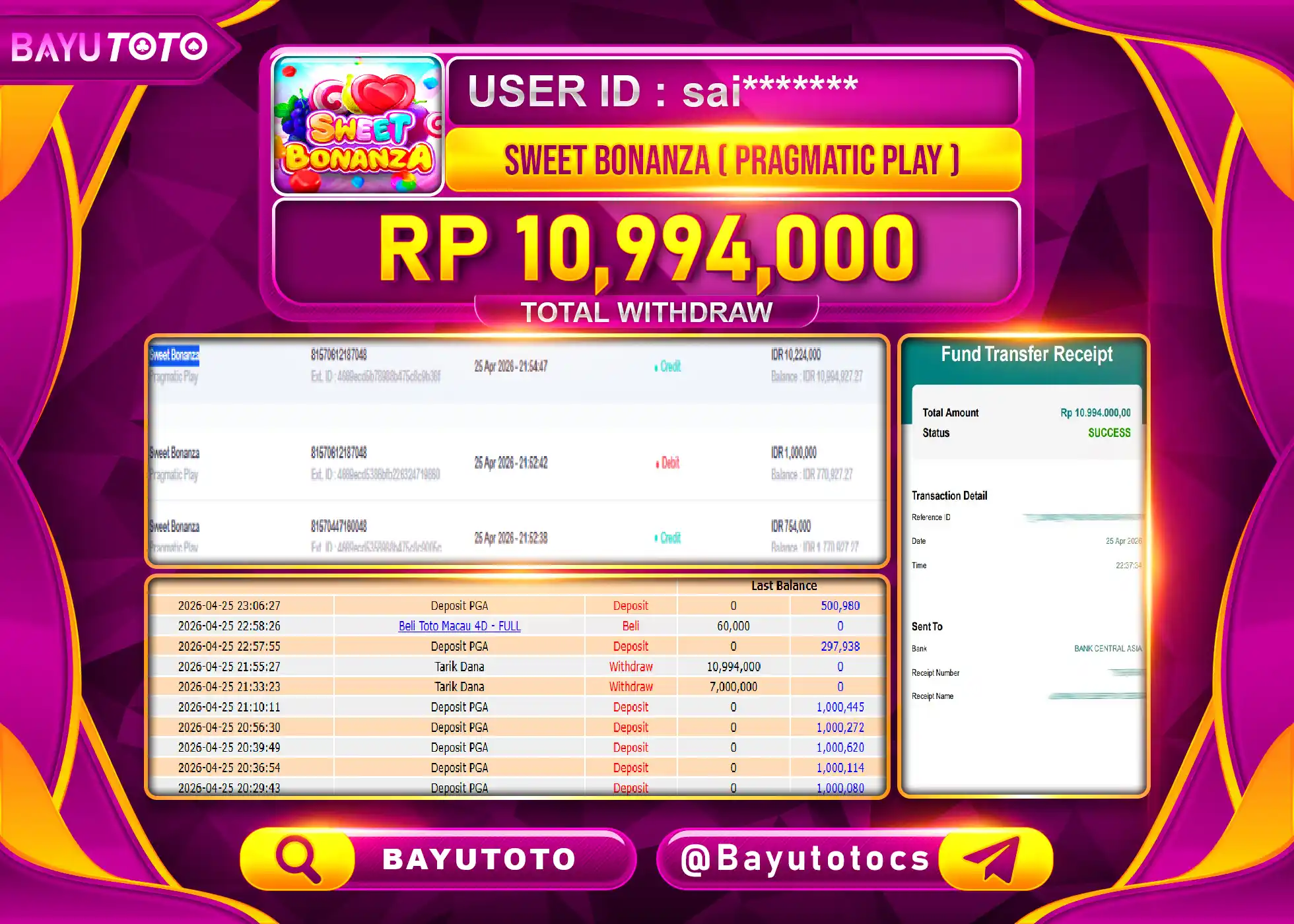 BAYUTOTO JACKPOT DI SLOT SWEET BONANZA PRAGMATIC PLAY Rp.10,994,000 LUNAS