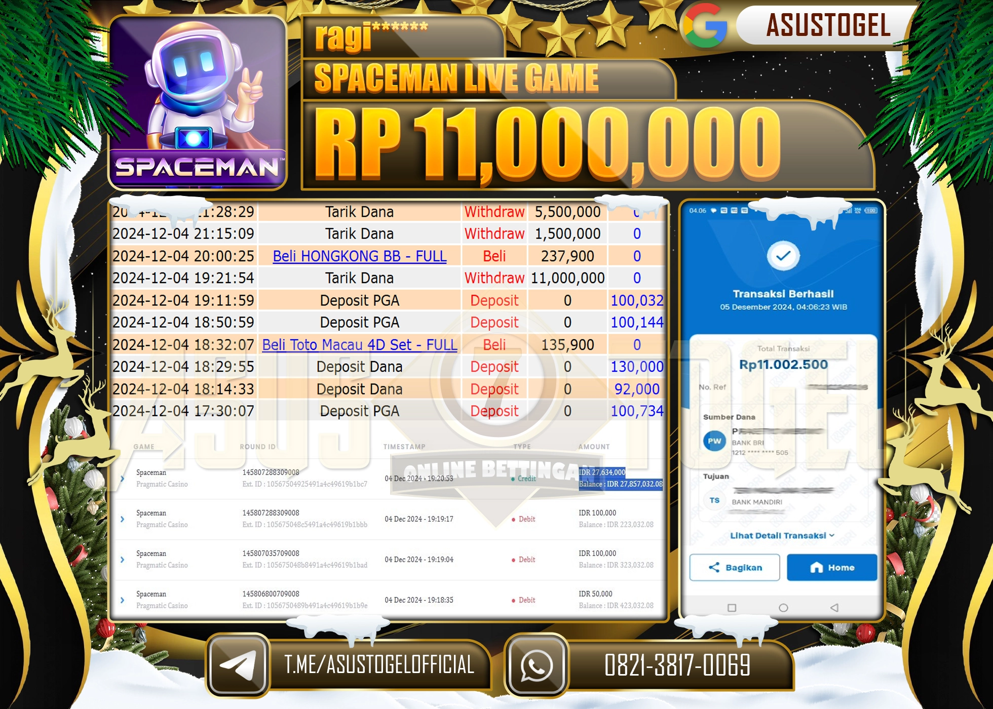 ASUSTOGEL KEMENANGAN DI  SPACEMEN LIVE GAMES SEBESAR 11,000,000- RUPIAH LUNAS