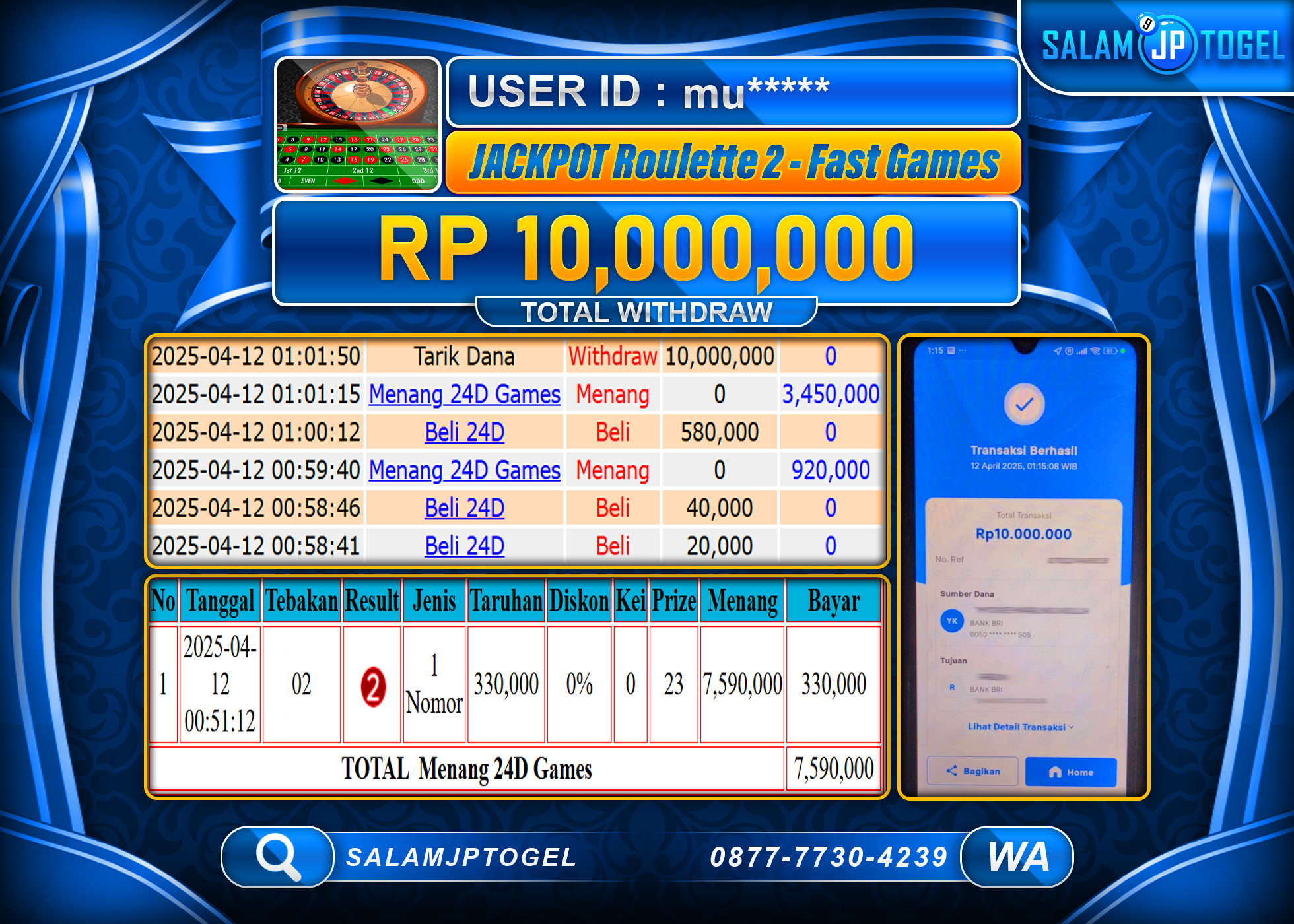 SALAMJPTOGEL MENANG ROULETTE 2 FAST Rp. 10,000,000 LUNAS