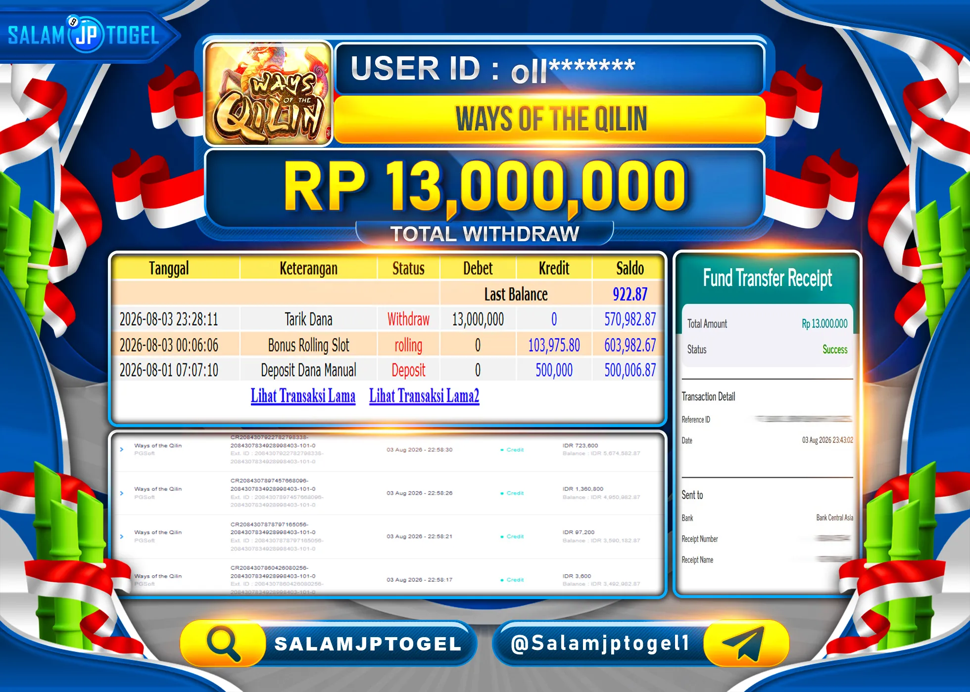 SALAMJPTOGEL JACKPOT MENANG SLOT WAYS OF THE QILIN PG SOFT Rp.13,000,000 - LUNAS