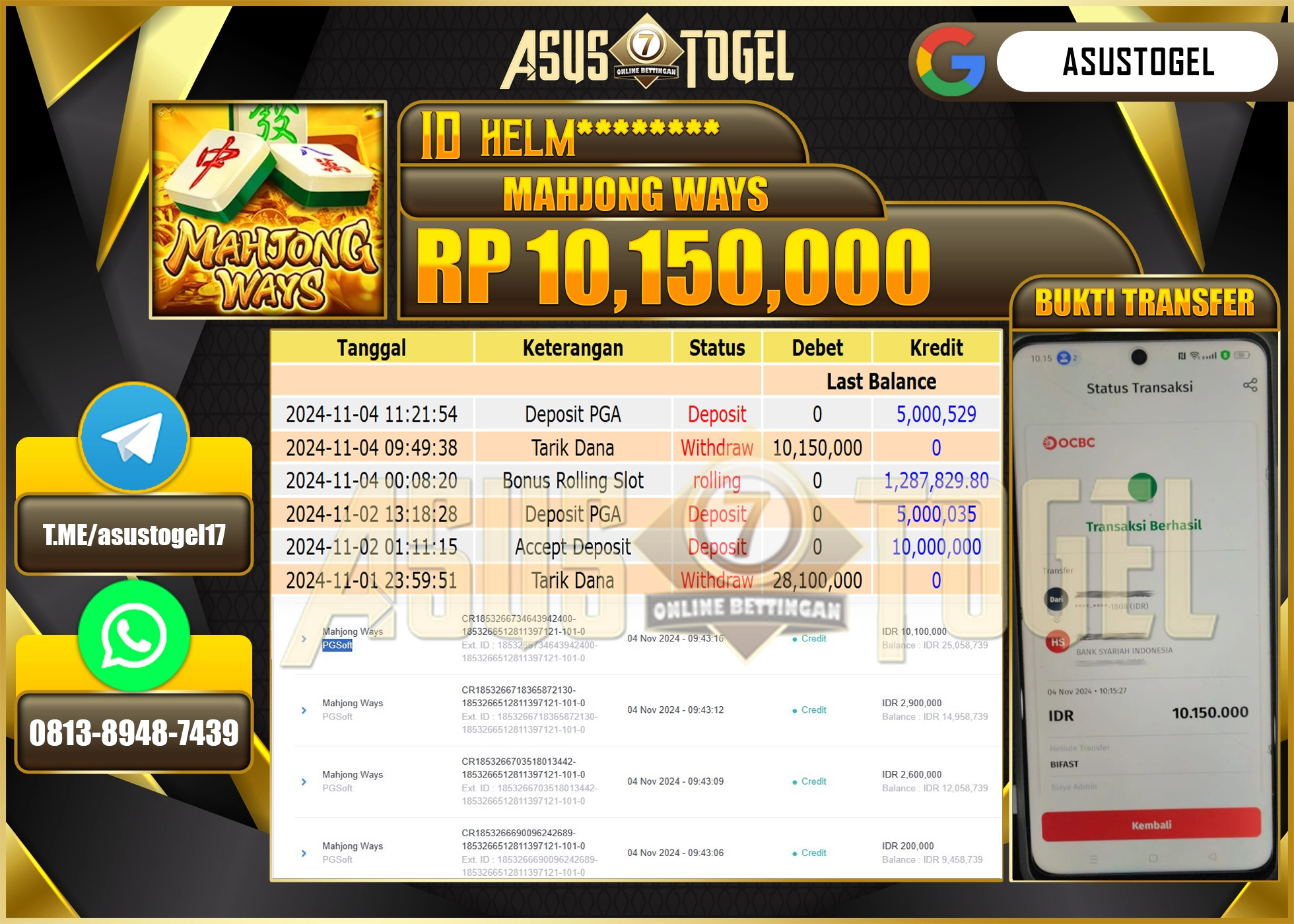 ASUSTOGEL KEMENANGAN DI SLOT MAHJONG WAYS SEBESAR 10,150,000-RUPIAH LUNAS