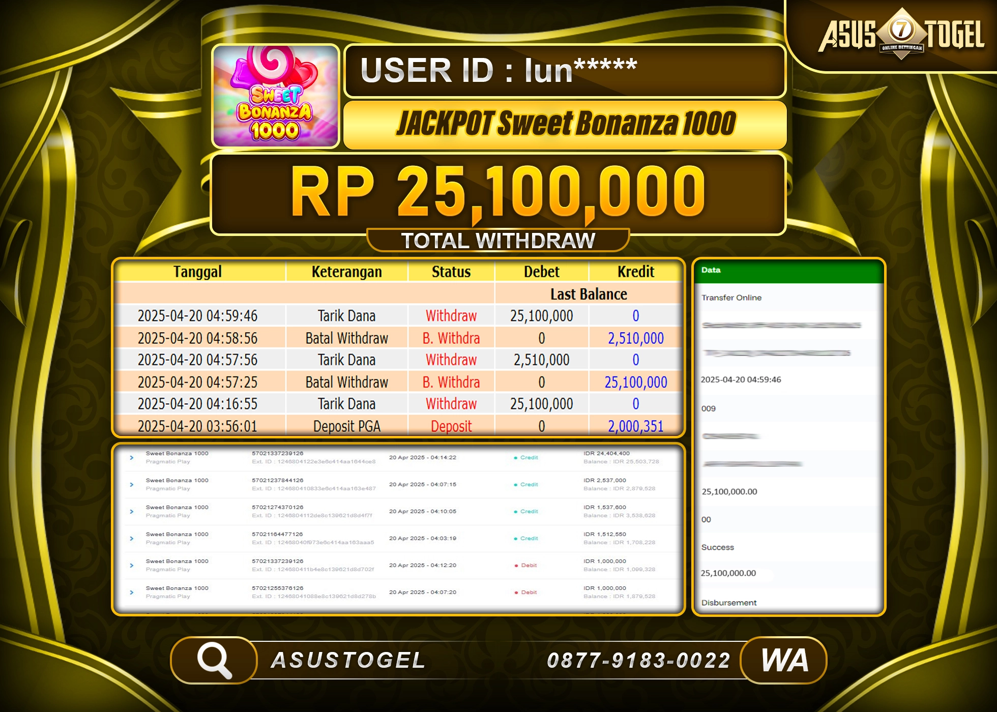 ASUSTOGEL KEMENANGAN DI SLOT SWEET BONANZA 1000 SEBESAR 25,100,000- RUPIAH LUNAS