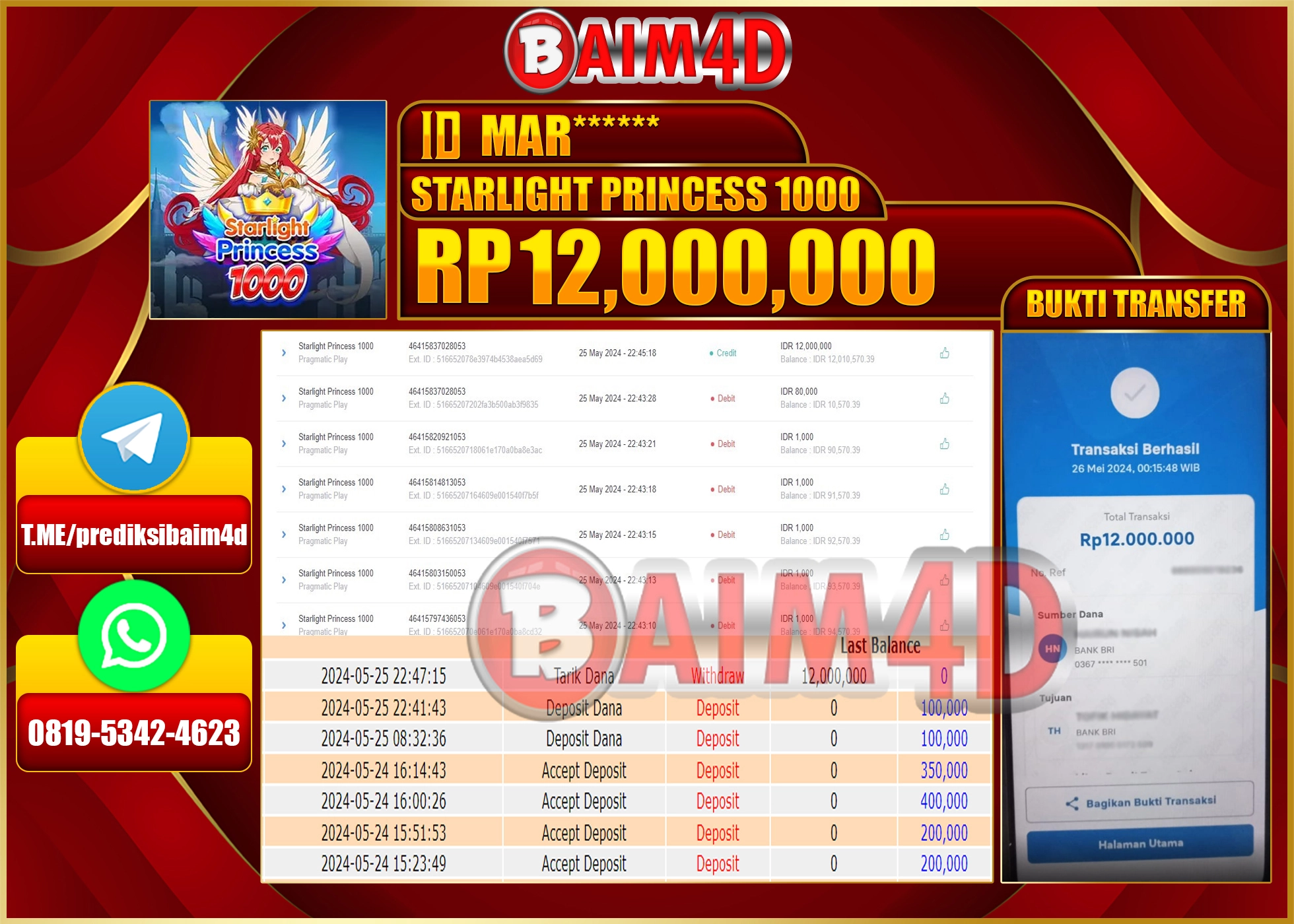 BAIM4D JACKPOT STARLIGHT PRINCESS 1000 Rp.12.000.000.,- LUNAS