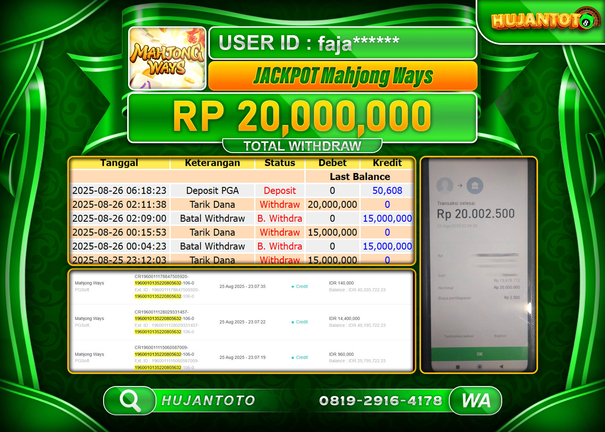 HUJANTOTO - BUKTI JACKPOT MENANG SLOT MAHJONG WAYS Rp.20,000,000 - TERBAYAR LUNAS