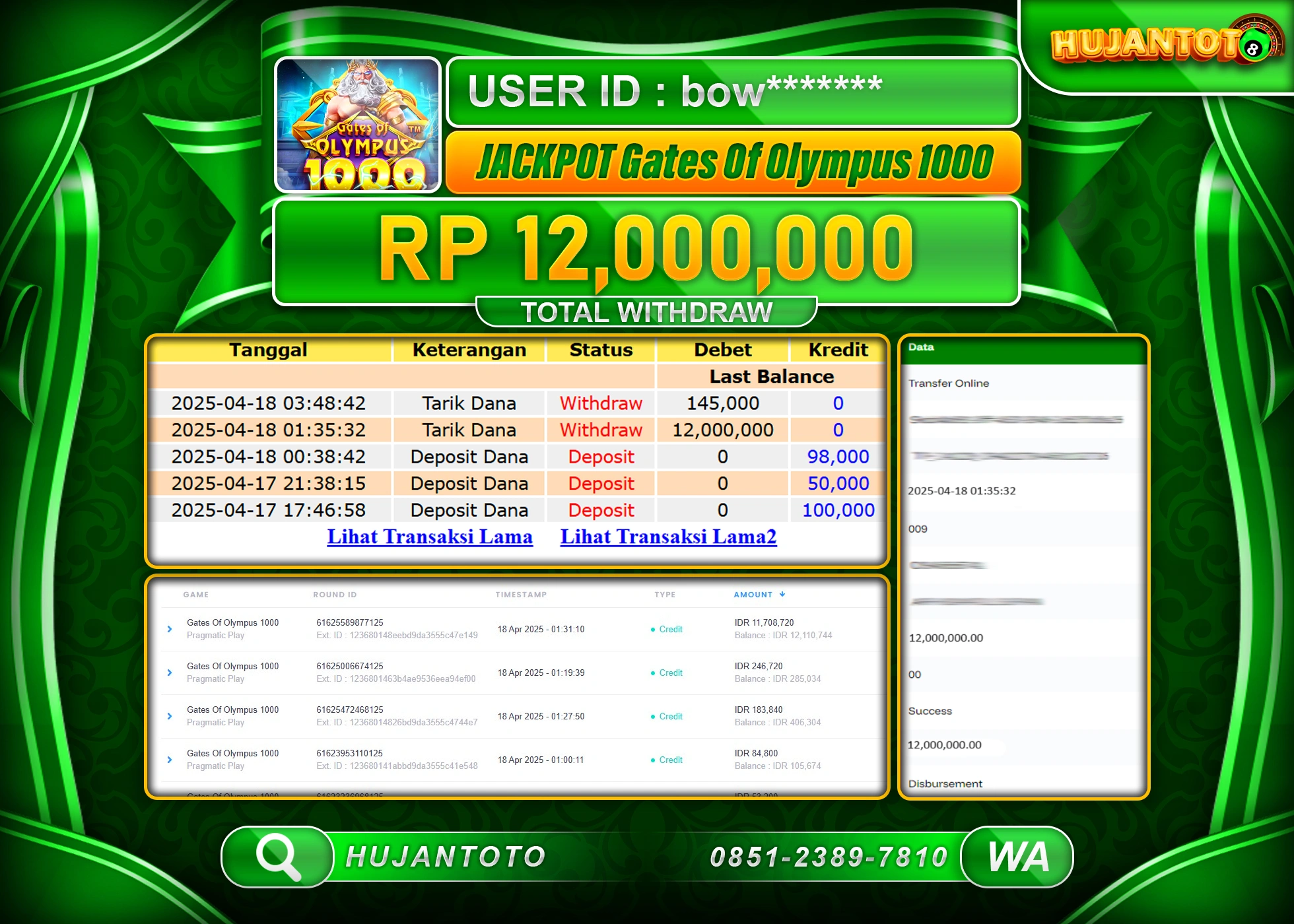 HUJANTOTO - BUKTI JACKPOT MENANG SLOT GATES OF OLYMPUS 1000, Rp,12,000,000 - TERBAYAR LUNAS