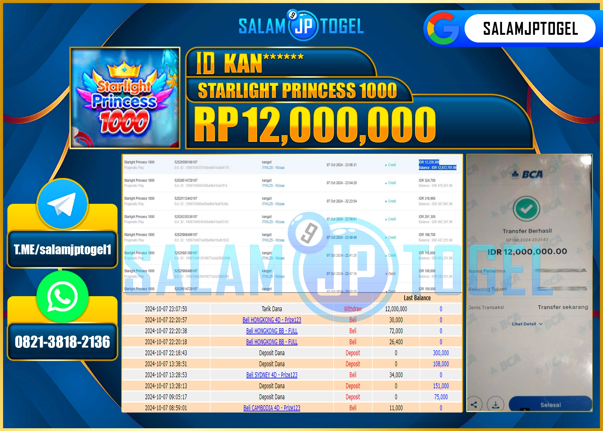 SALAMJPTOGEL MENANG SLOT STARLIGHT PRINCESS 1000 RP. 12,000,000 LUNAS