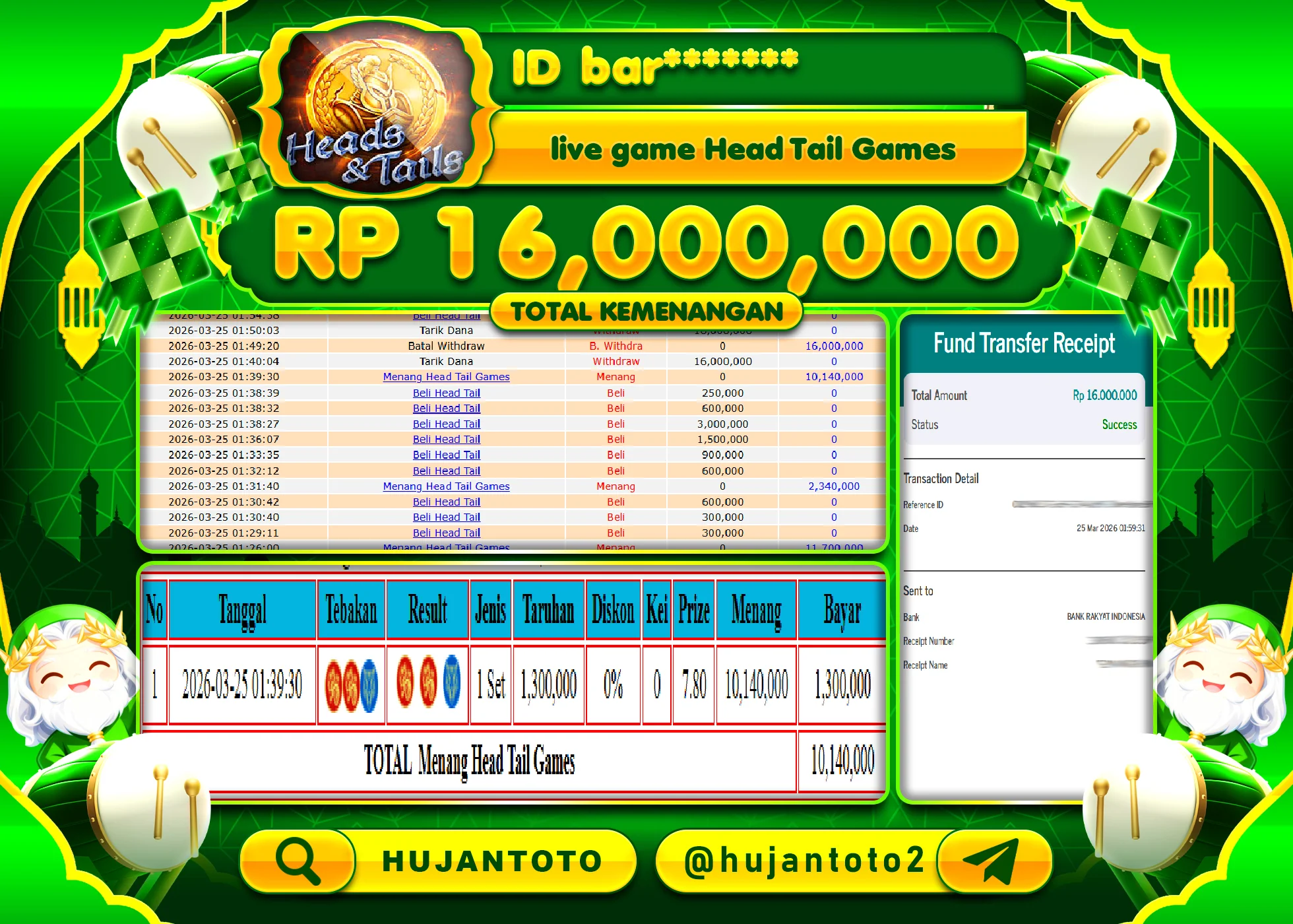 HUJANTOTO - BUKTI JACKPOT MENANG LIVEGAMES HEAD TAIL GAMES Rp.16,000,000 - TERBAYAR LUNAS