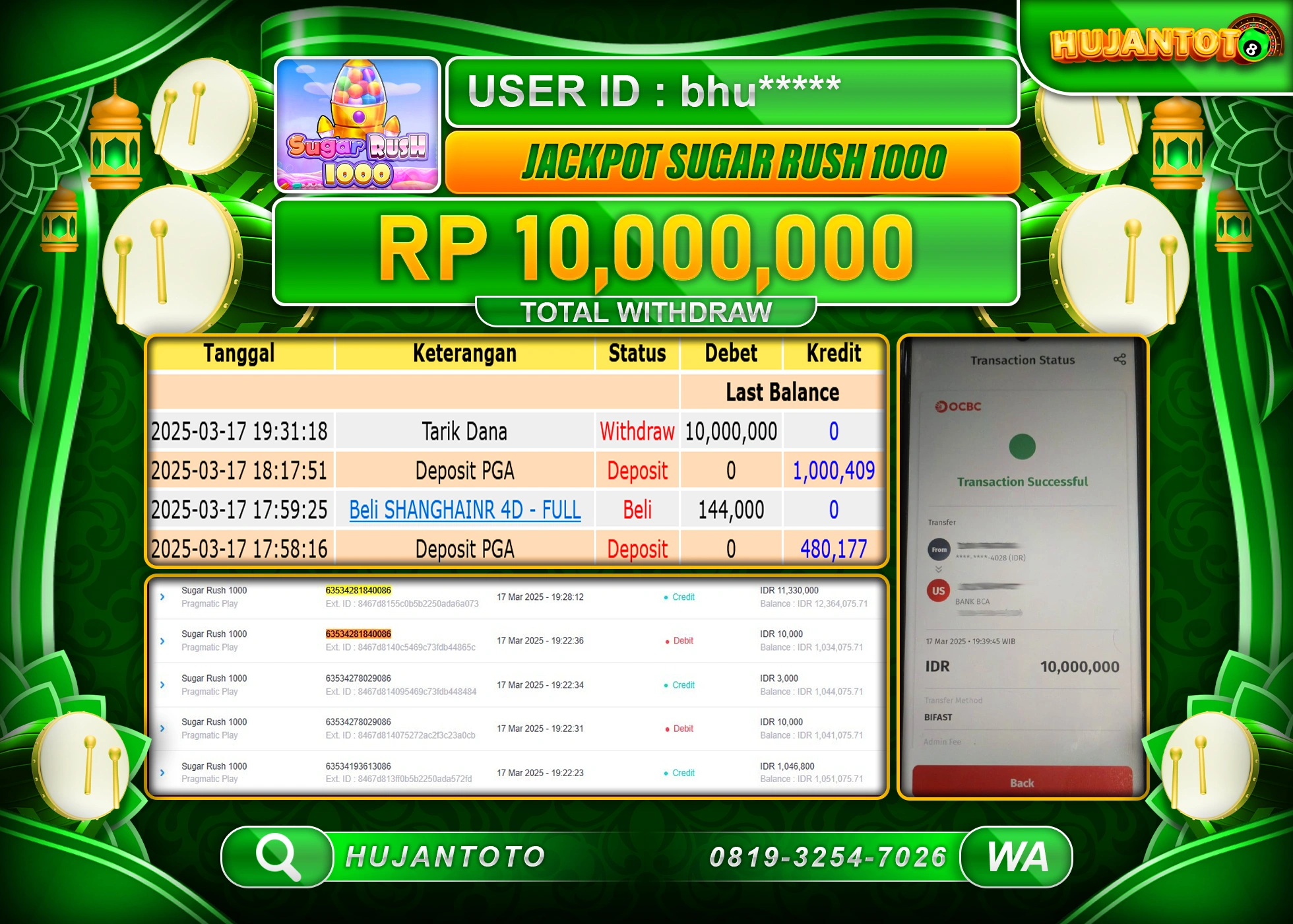 HUJANTOTO - BUKTI JACKPOT MENANG  SLOT SUGAR RUSH 1000 Rp,10,000,000  - TERBAYAR LUNAS 
