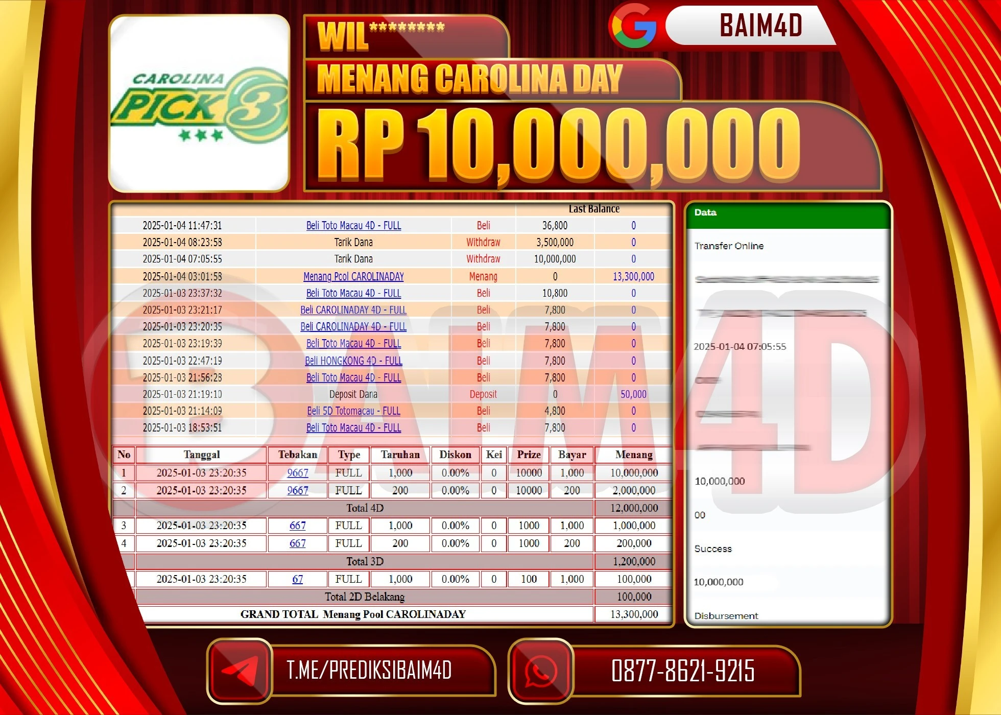 BAIM4D JACKPOT MENANG CAROLINADAY Rp.10,000,000.- LUNAS