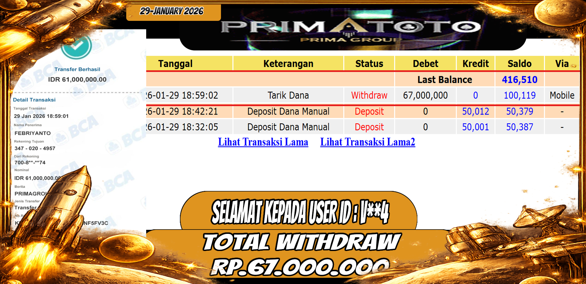 PRIMATOTO-JACKPOT SLOT GAME MAHJONG WAYS WIN HINGGA 67 JUTA, 29 JANUARI 2026