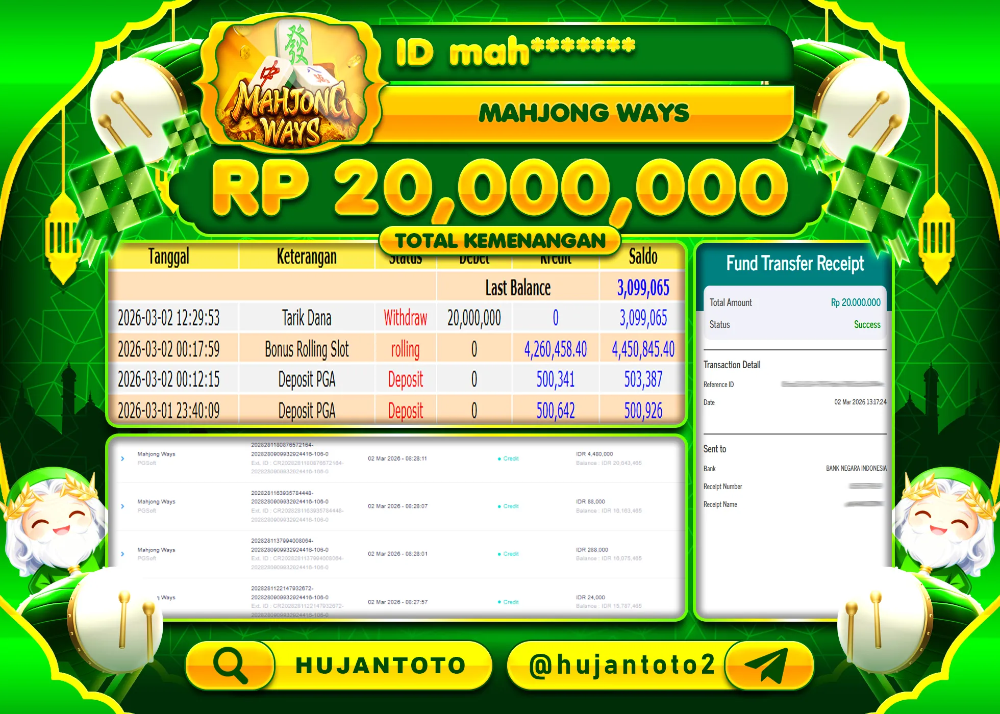 HUJANTOTO - BUKTI JACKPOT MENANG SLOT MAHJONG WAYS Rp.20,000,000 - TERBAYAR LUNAS