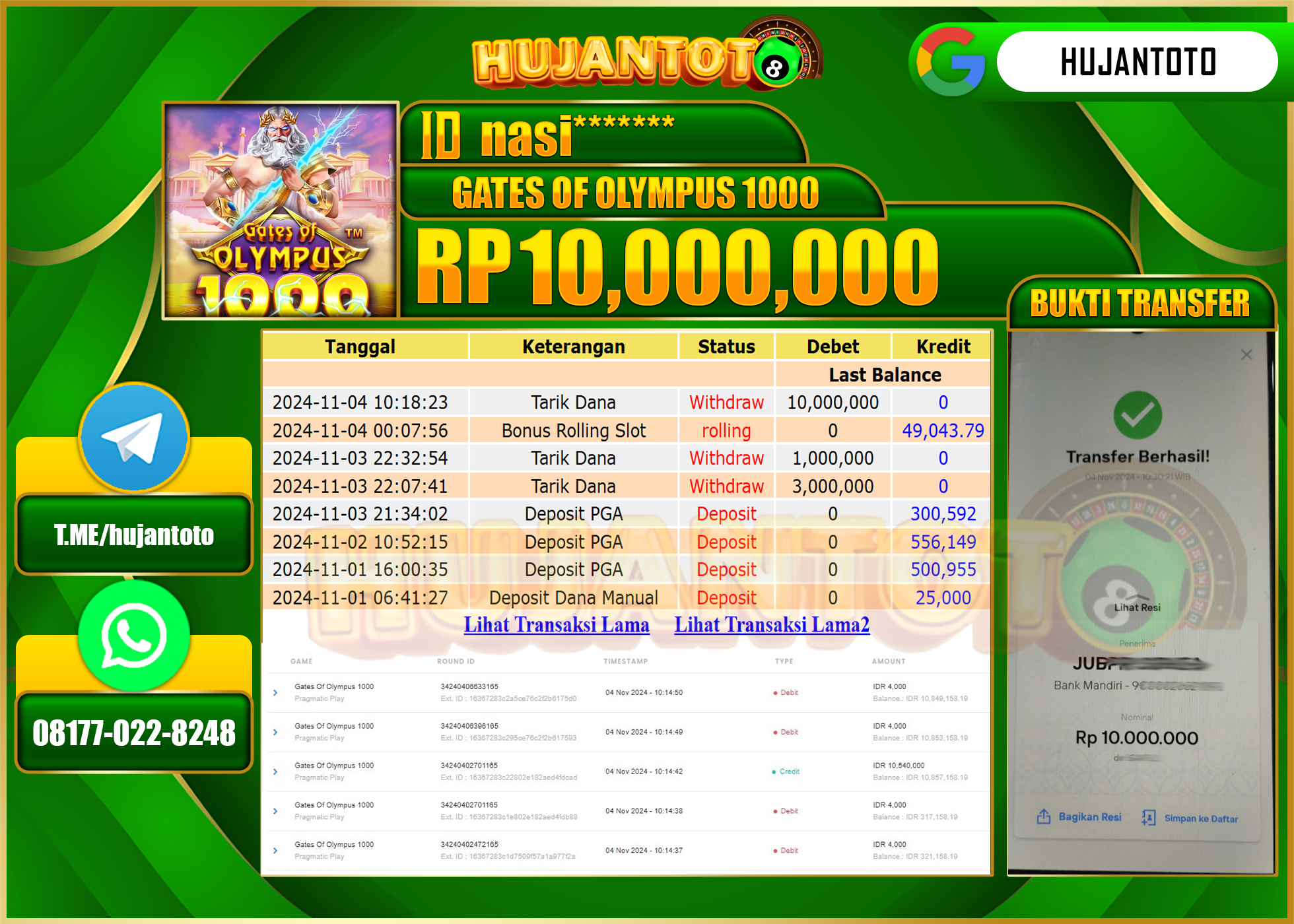 HUJANTOTO MENANG DI PERMAINAN GATE OF  OLYMPUS 1000  SEBESAR   - 10,000,000 - LUNAS