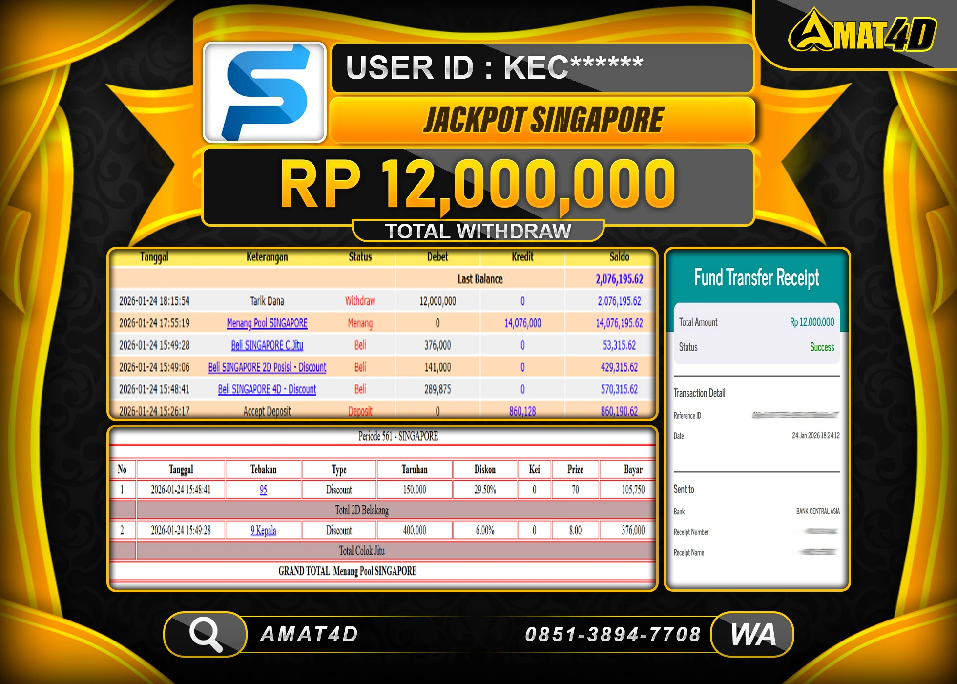 AMAT4D KEMENANGAN DI PASARAN SINGAPORE POOLS  Rp.12,000,000 BERHASIL TERBAYAR LUNAS