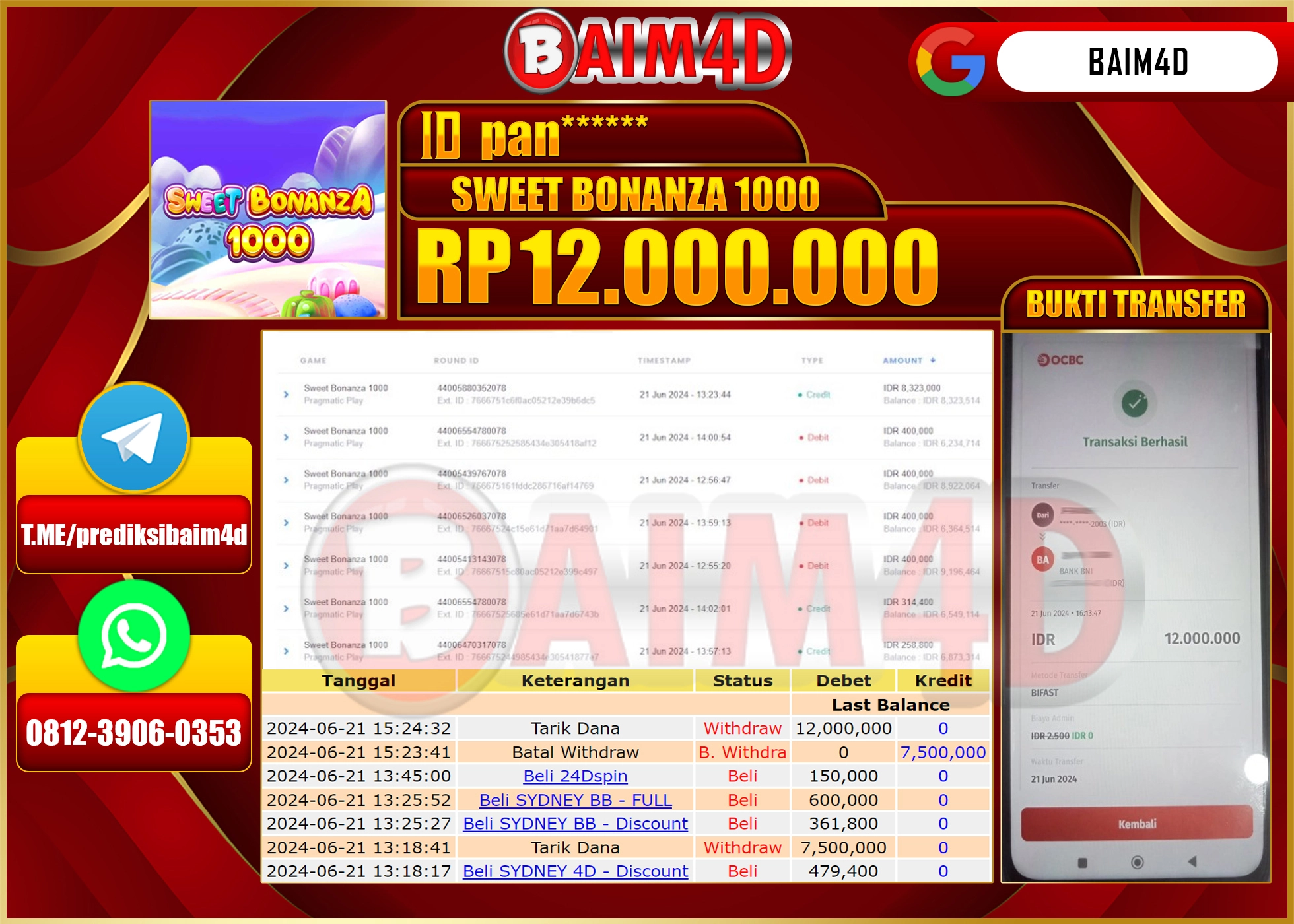 BAIM4D JACKPOT SWEET BONANZA 1000 Rp.12,000,000.- LUNAS