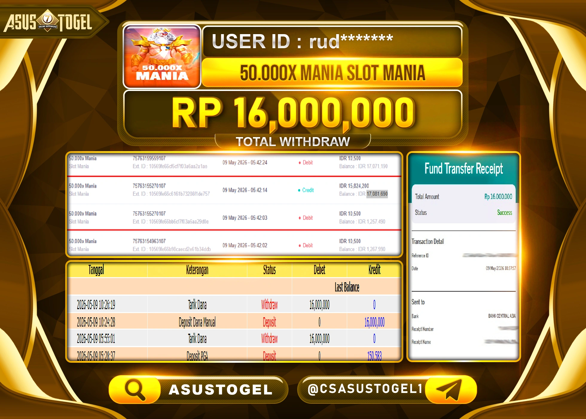 ASUSTOGEL KEMENANGAN JACKPOT DI PERMAINAN 50.000x MANIA SLOT MANIA SEBESAR Rp.16,000,000 - RUPIAH LUNAS