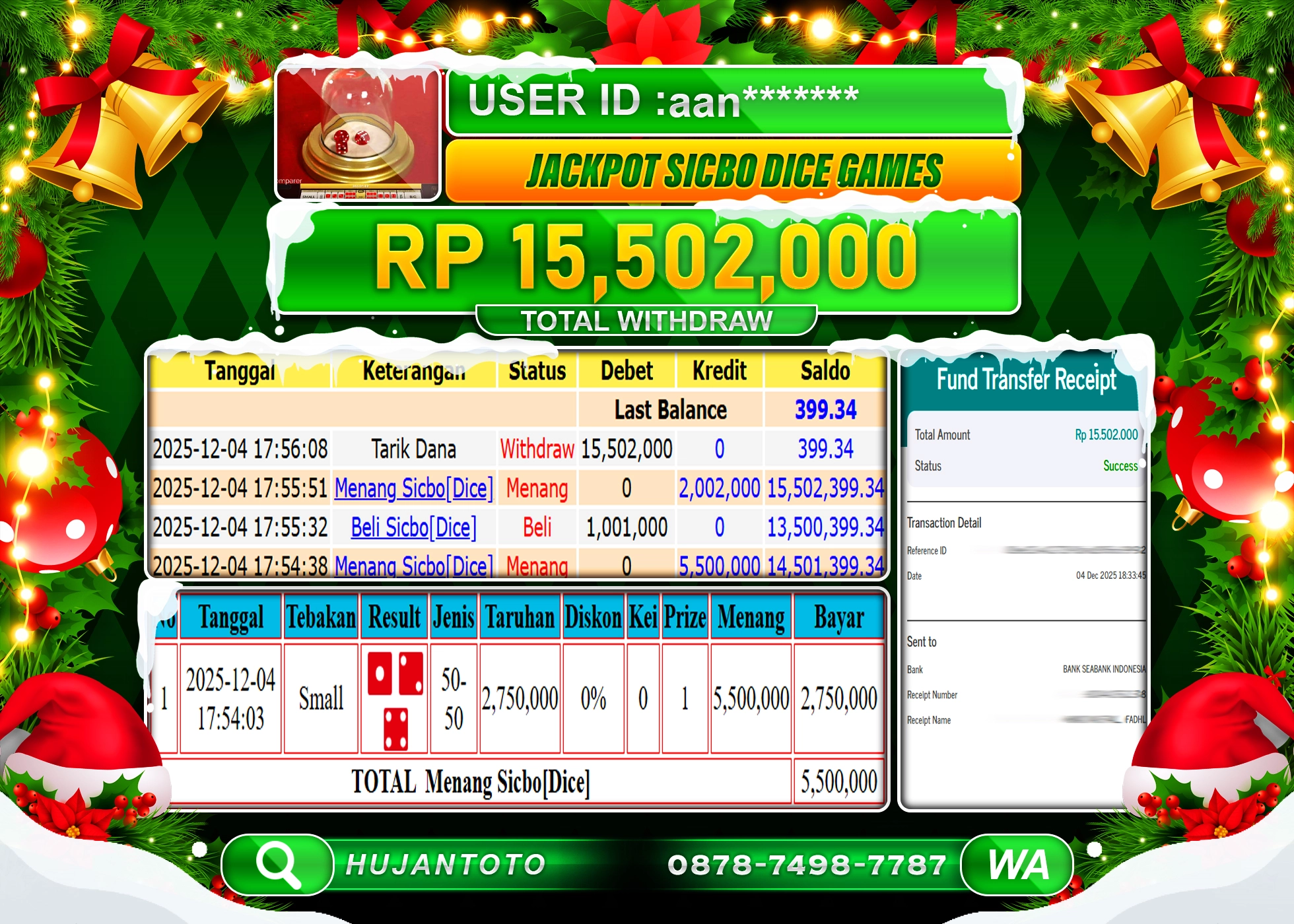 HUJANTOTO - BUKTI JACKPOT MENANG LIVE SICBO DICE GAMES Rp.15,502,000 - TERBAYAR LUNAS